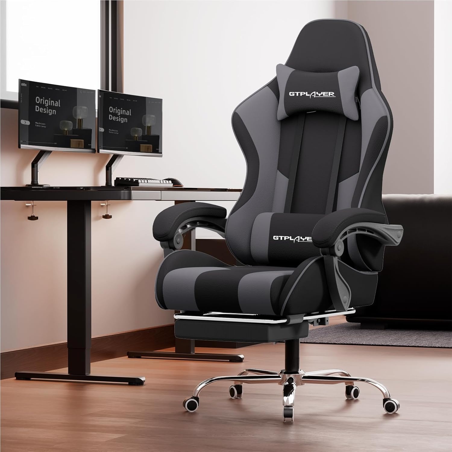 image:imageGTPLAYER Gaming Chair Computer Chair with Footrest and Lumbar Support Height Adjustable Game Chair with 360Swivel Seat and Headrest and for Office or Gaming WhiteFabric Darkgray