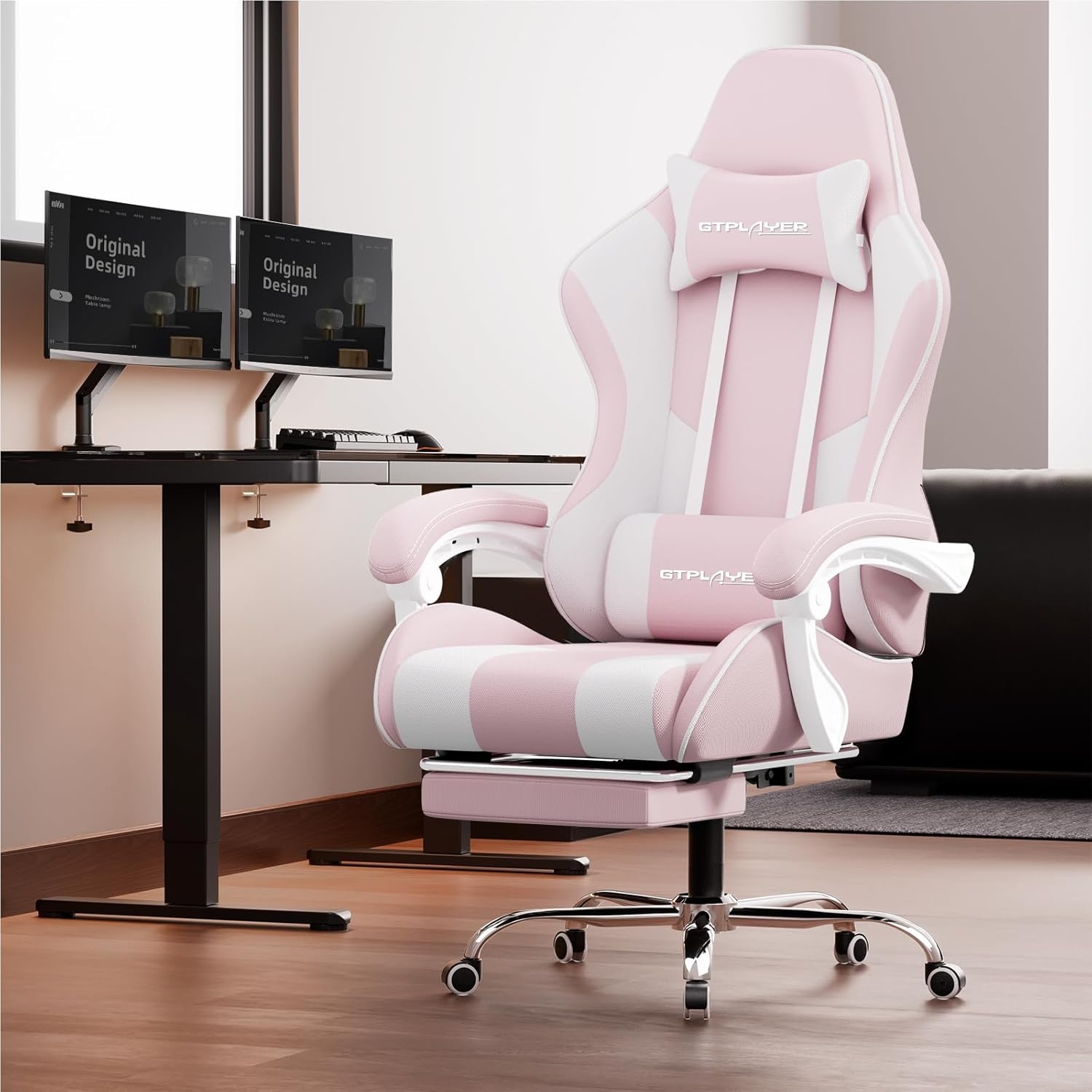 image:imageGTPLAYER Gaming Chair Computer Chair with Footrest and Lumbar Support Height Adjustable Game Chair with 360Swivel Seat and Headrest and for Office or Gaming WhiteFabric Pink