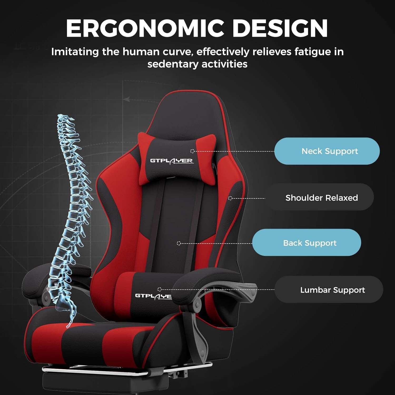 image:imageGTPLAYER Gaming Chair Computer Chair with Footrest and Lumbar Support Height Adjustable Game Chair with 360Swivel Seat and Headrest and for Office or Gaming WhiteFabric Red