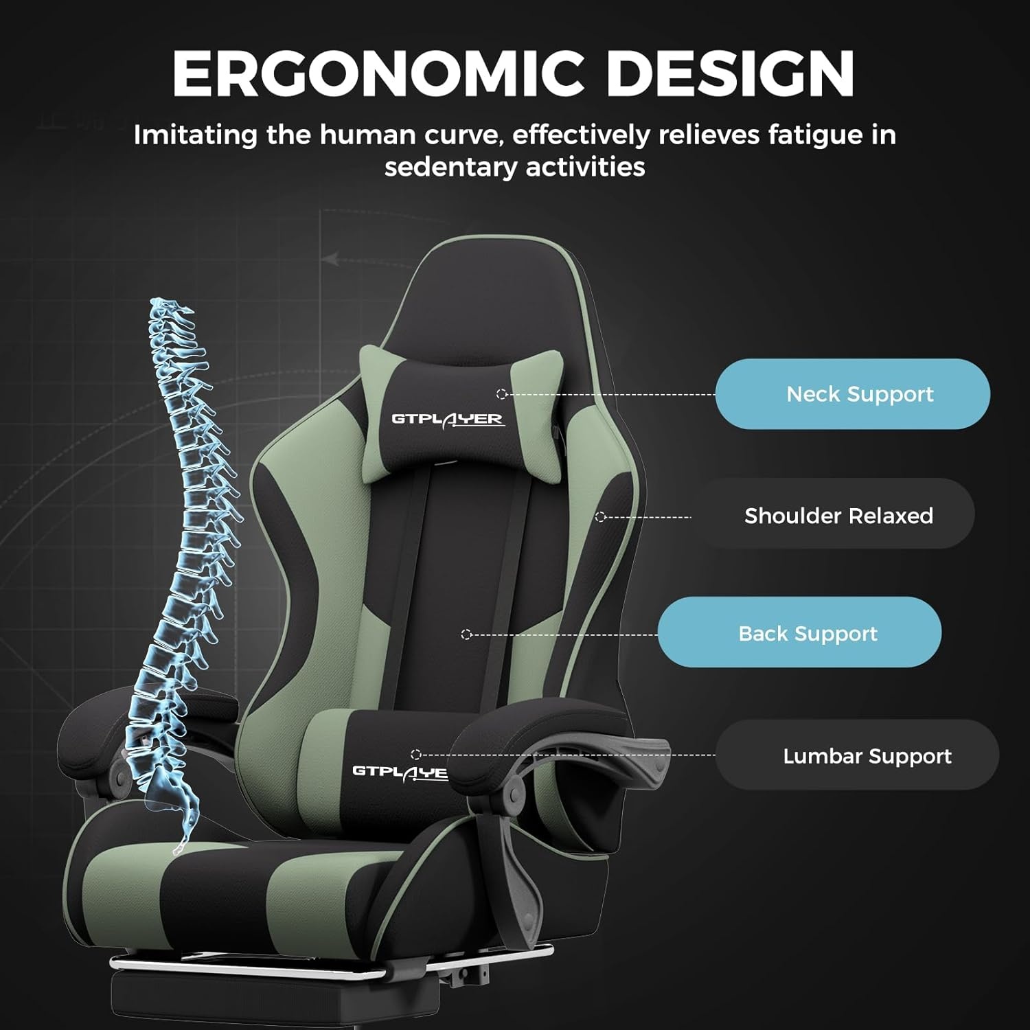 image:imageGTPLAYER Gaming Chair Computer Chair with Footrest and Lumbar Support Height Adjustable Game Chair with 360Swivel Seat and Headrest and for Office or Gaming WhiteGreen