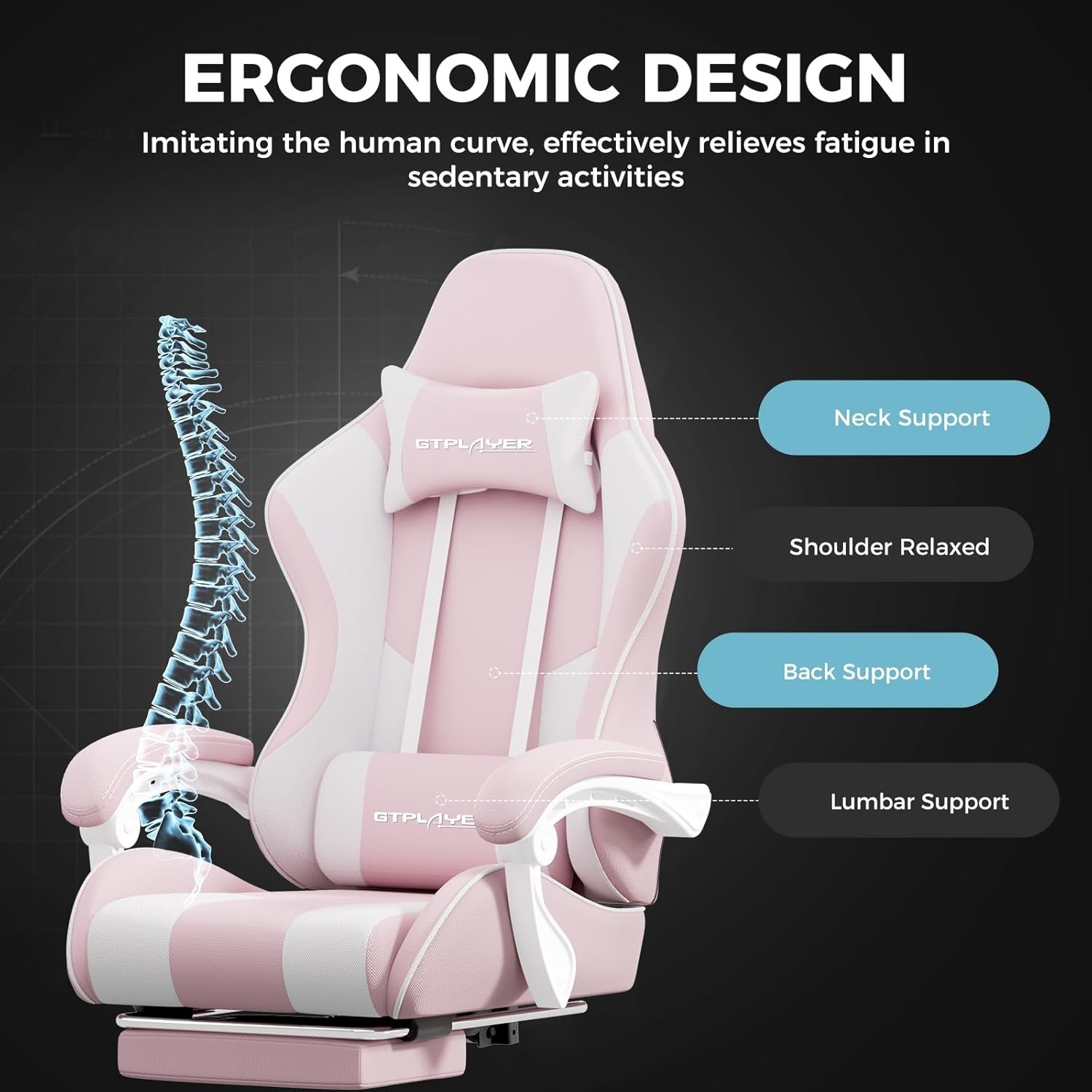 image:imageGTPLAYER Gaming Chair Computer Chair with Footrest and Lumbar Support Height Adjustable Game Chair with 360Swivel Seat and Headrest and for Office or Gaming WhiteFabric Pink