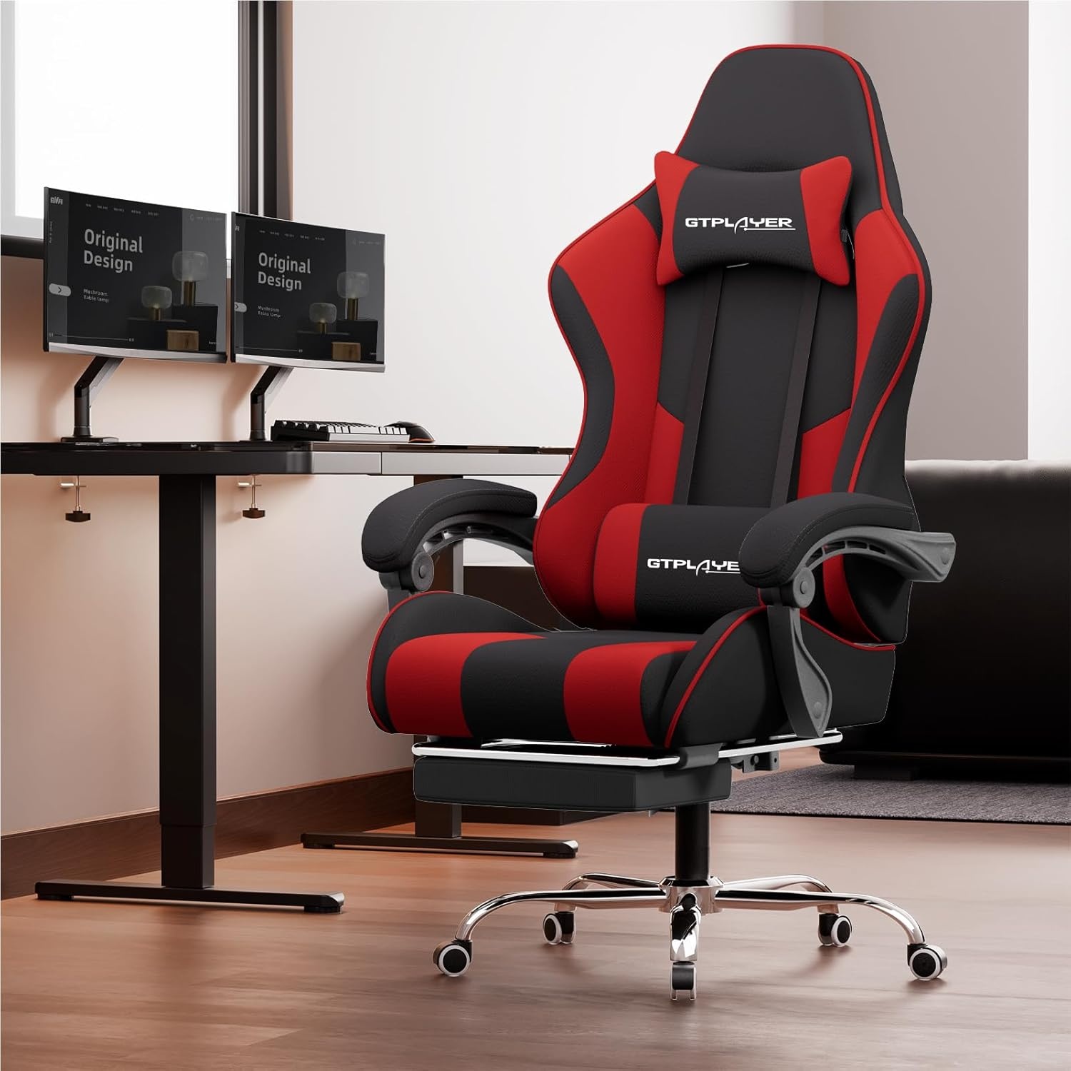 image:imageGTPLAYER Gaming Chair Computer Chair with Footrest and Lumbar Support Height Adjustable Game Chair with 360Swivel Seat and Headrest and for Office or Gaming WhiteFabric Red