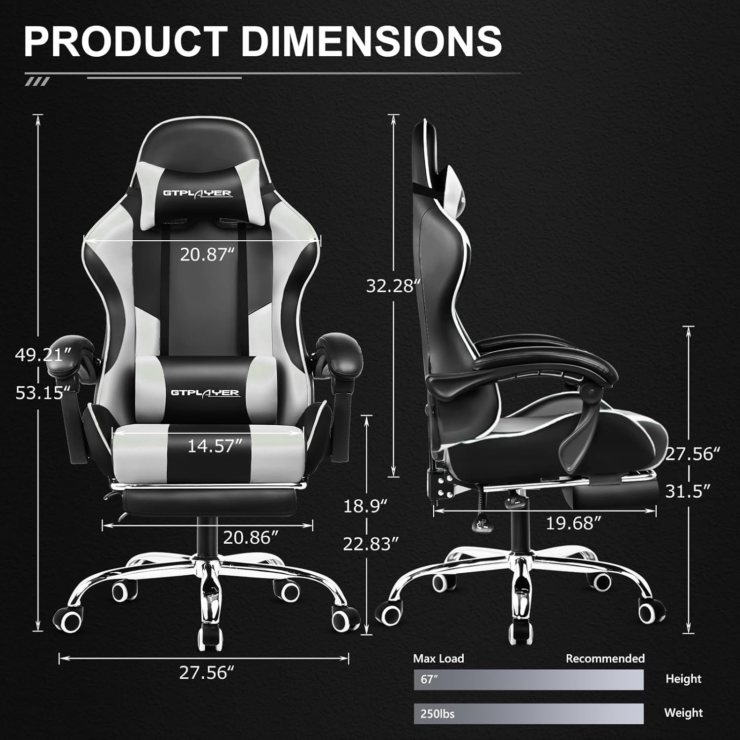 image:imageGTPLAYER Gaming Chair Computer Chair with Footrest and Lumbar Support Height Adjustable Game Chair with 360Swivel Seat and Headrest and for Office or Gaming WhitePure White