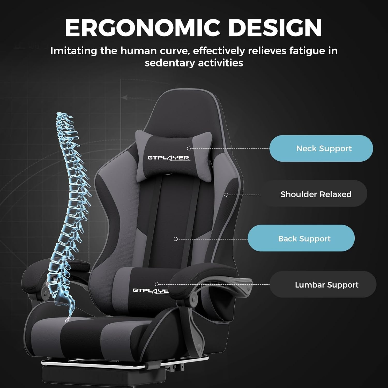 image:imageGTPLAYER Gaming Chair Computer Chair with Footrest and Lumbar Support Height Adjustable Game Chair with 360Swivel Seat and Headrest and for Office or Gaming WhiteFabric Darkgray