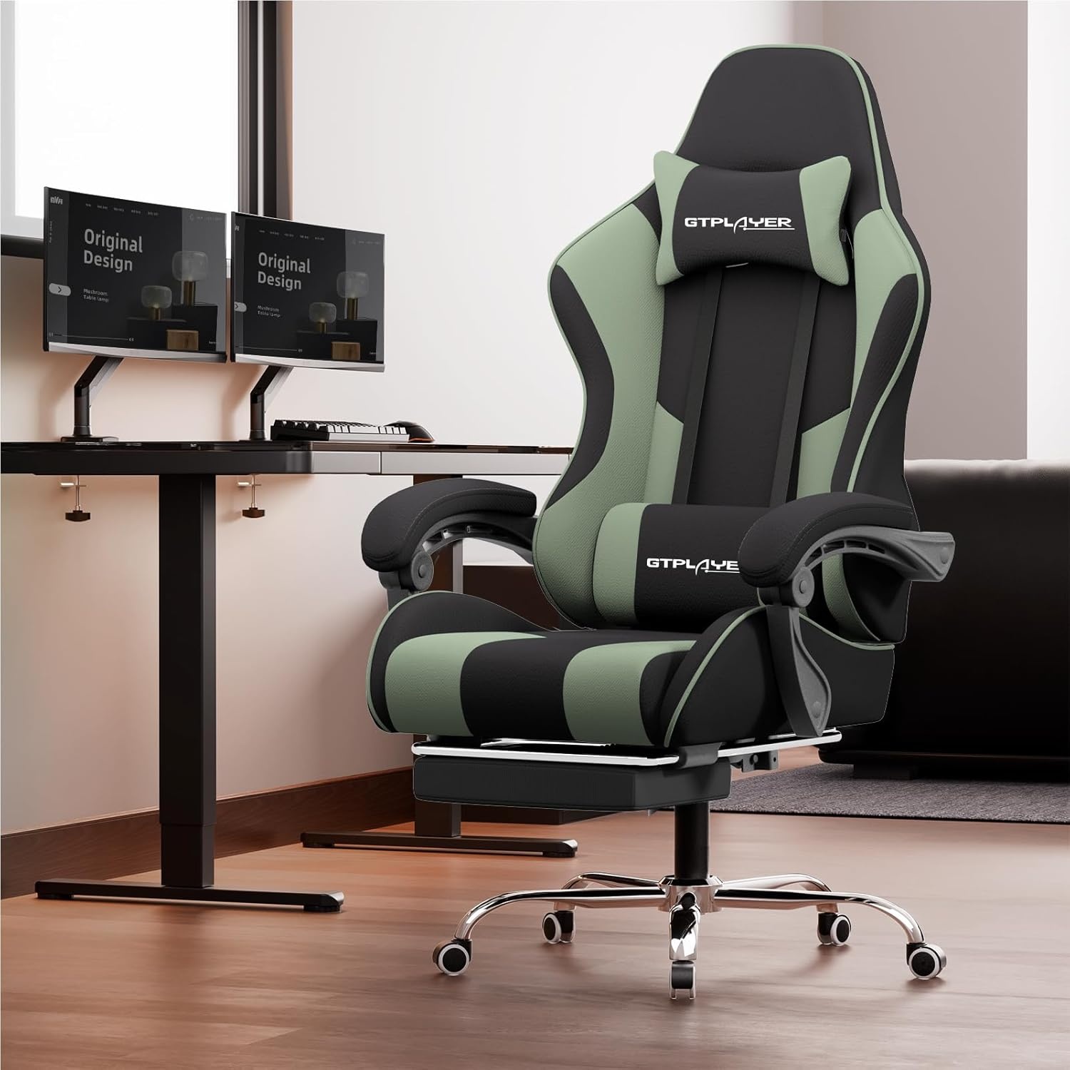 image:imageGTPLAYER Gaming Chair Computer Chair with Footrest and Lumbar Support Height Adjustable Game Chair with 360Swivel Seat and Headrest and for Office or Gaming WhiteGreen