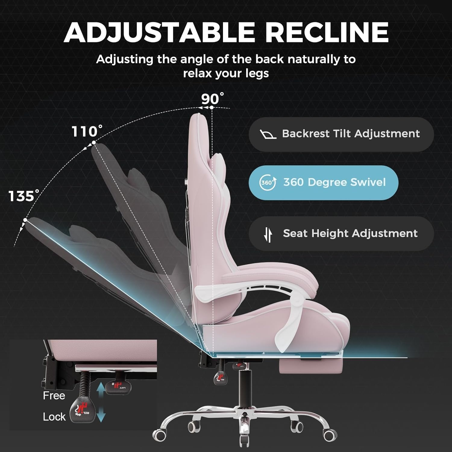 image:imageGTPLAYER Gaming Chair Computer Chair with Footrest and Lumbar Support Height Adjustable Game Chair with 360Swivel Seat and Headrest and for Office or Gaming WhiteFabric Pink