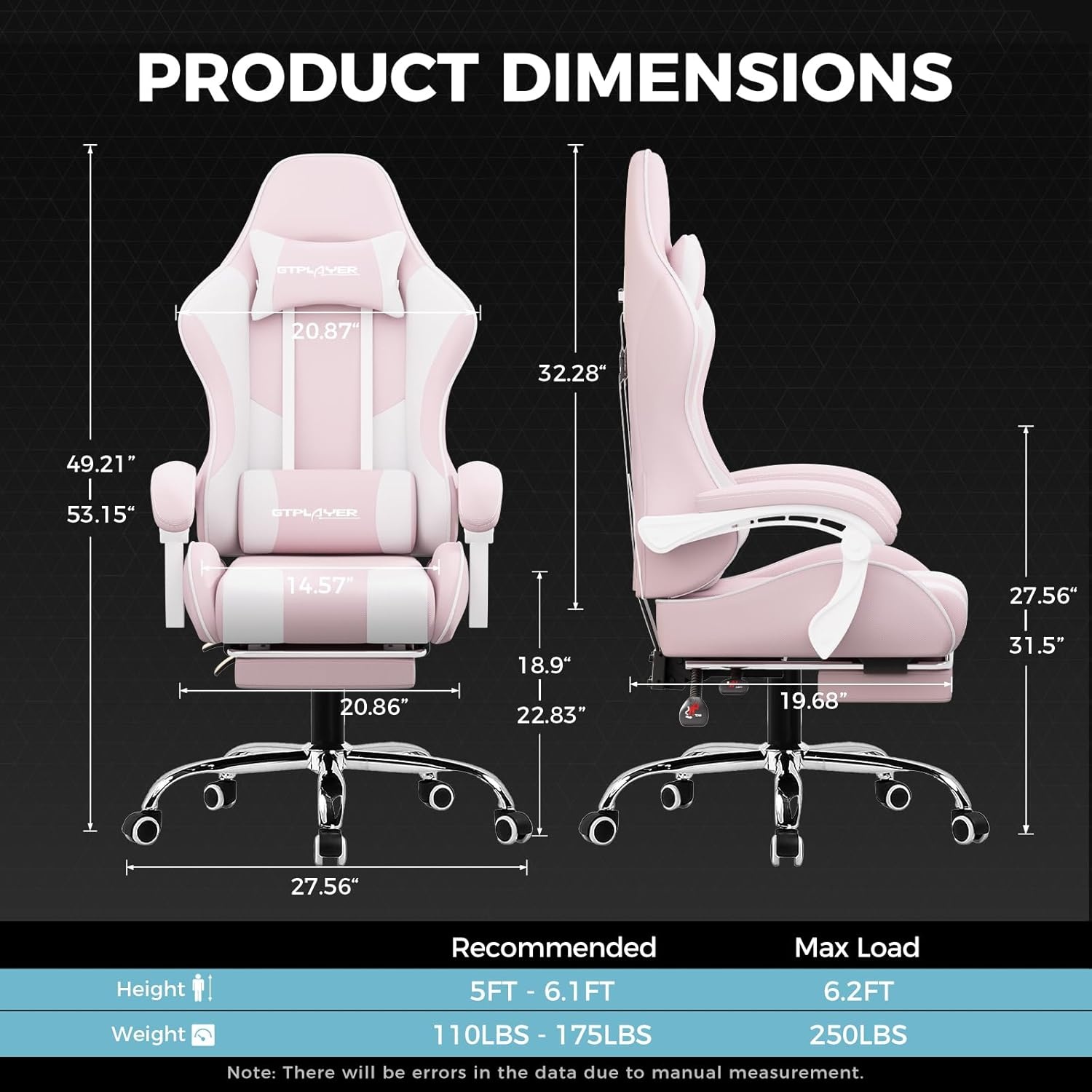 image:imageGTPLAYER Gaming Chair Computer Chair with Footrest and Lumbar Support Height Adjustable Game Chair with 360Swivel Seat and Headrest and for Office or Gaming WhiteFabric Pink
