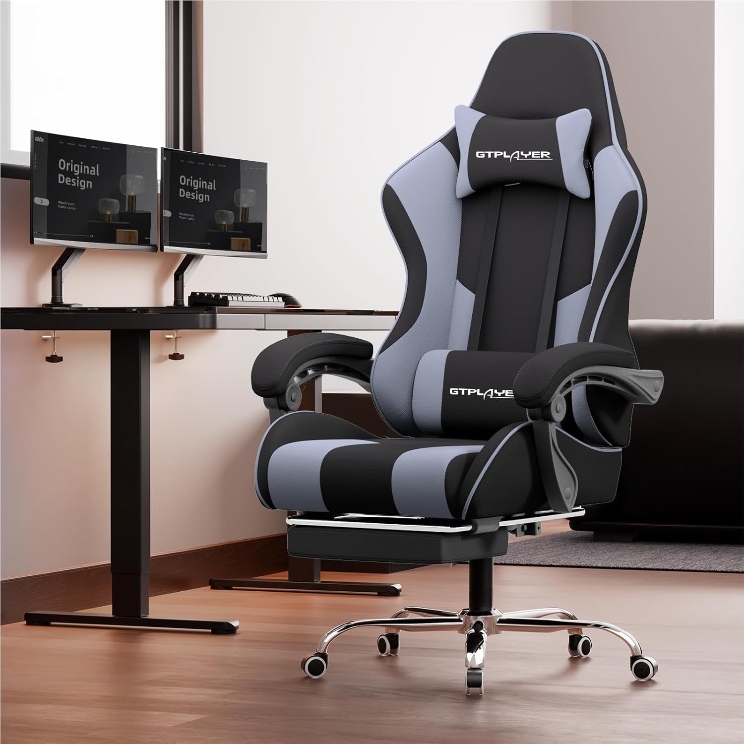 image:imageGTPLAYER Gaming Chair Computer Chair with Footrest and Lumbar Support Height Adjustable Game Chair with 360Swivel Seat and Headrest and for Office or Gaming WhiteFabric Purple