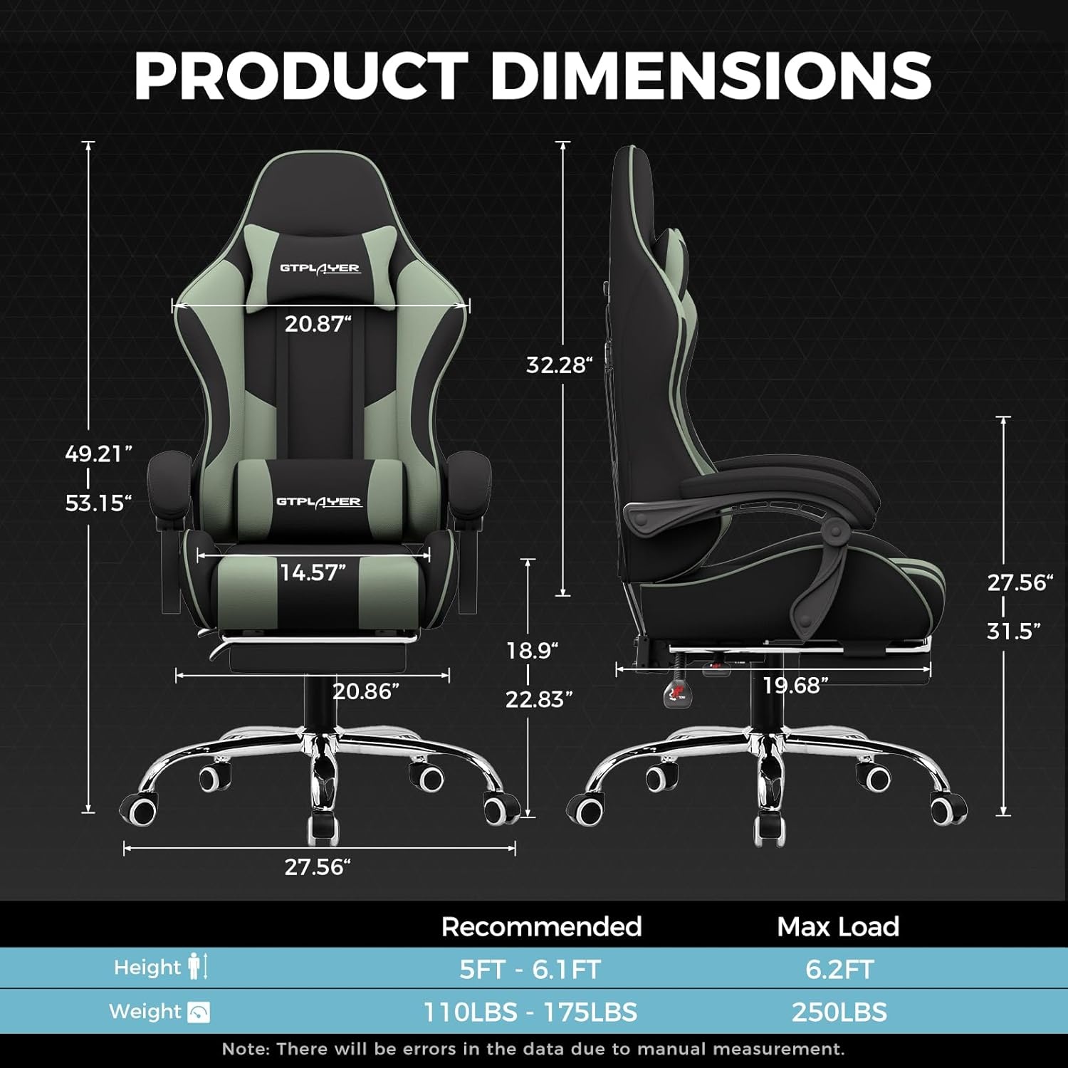 image:imageGTPLAYER Gaming Chair Computer Chair with Footrest and Lumbar Support Height Adjustable Game Chair with 360Swivel Seat and Headrest and for Office or Gaming WhiteGreen