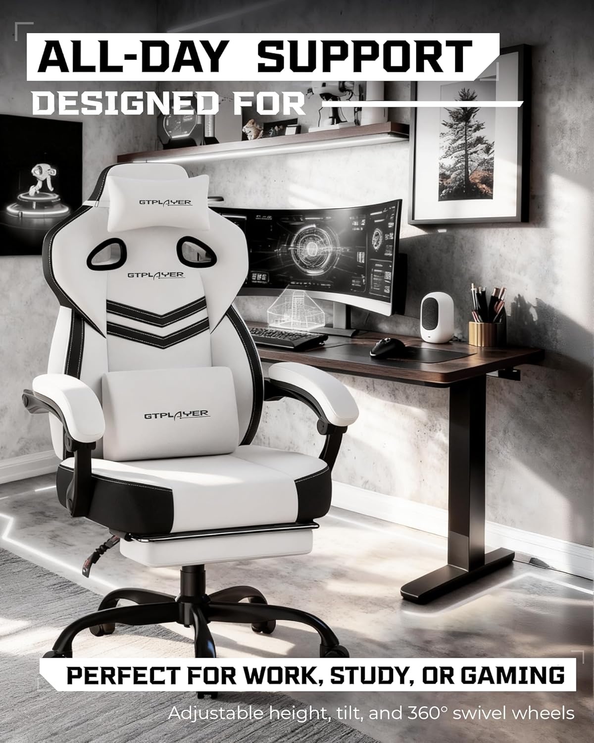 image:imageGTPLAYER Gaming Chair Computer Chair with Footrest and Lumbar Support for Adults 360Swivel Big amp Tall Reclining Seat for Office or Gaming BlackLiwhite