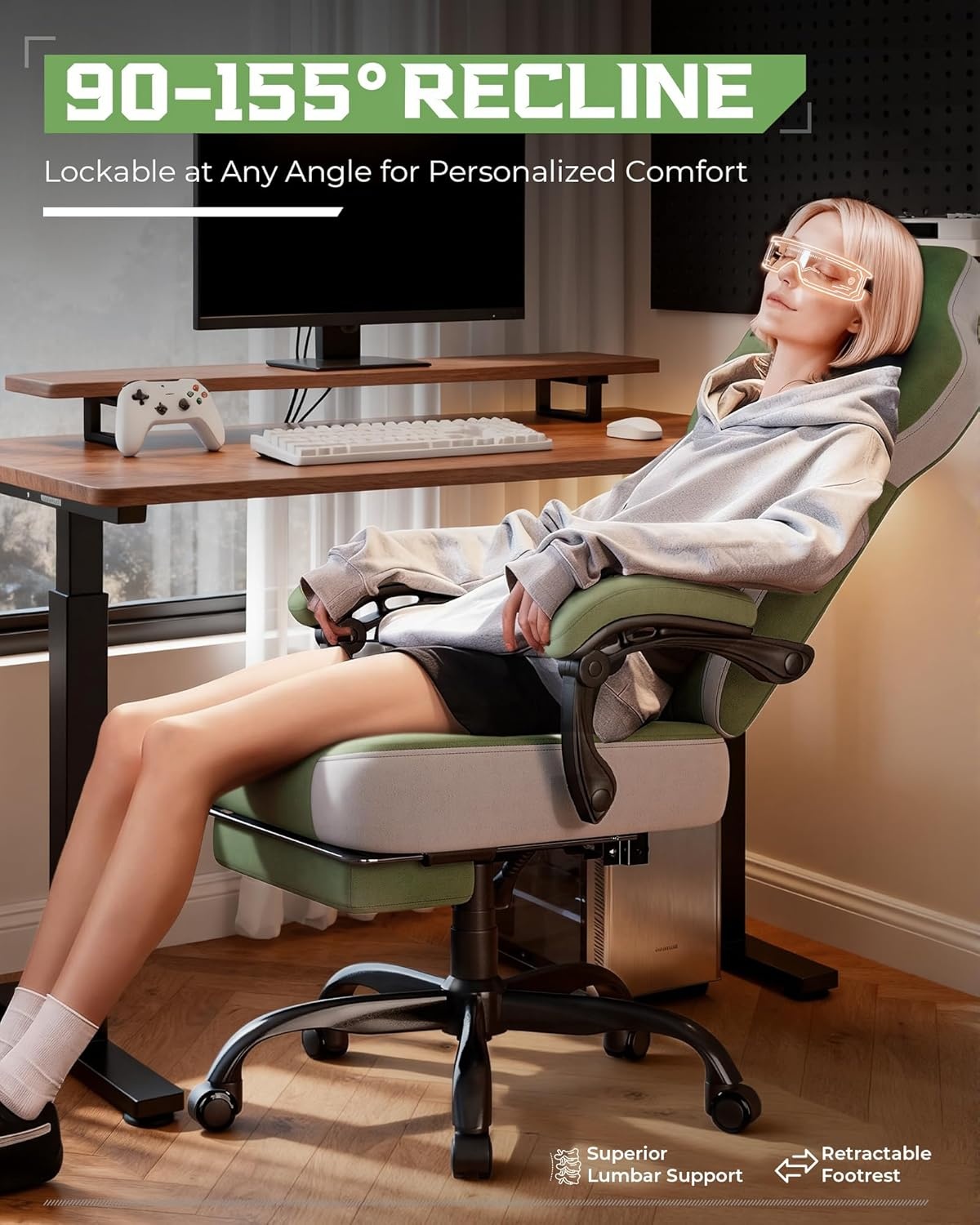image:imageGTPLAYER Gaming Chair Computer Chair with Footrest and Lumbar Support for Adults 360Swivel Big amp Tall Reclining Seat for Office or Gaming BlackTfgreen
