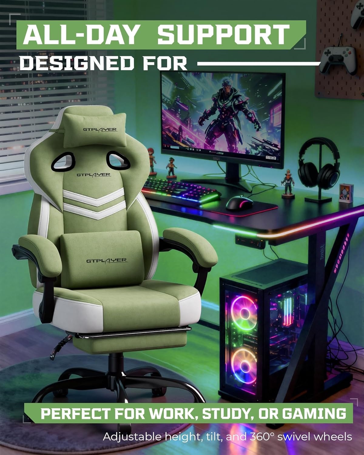 image:imageGTPLAYER Gaming Chair Computer Chair with Footrest and Lumbar Support for Adults 360Swivel Big amp Tall Reclining Seat for Office or Gaming BlackTfgreen