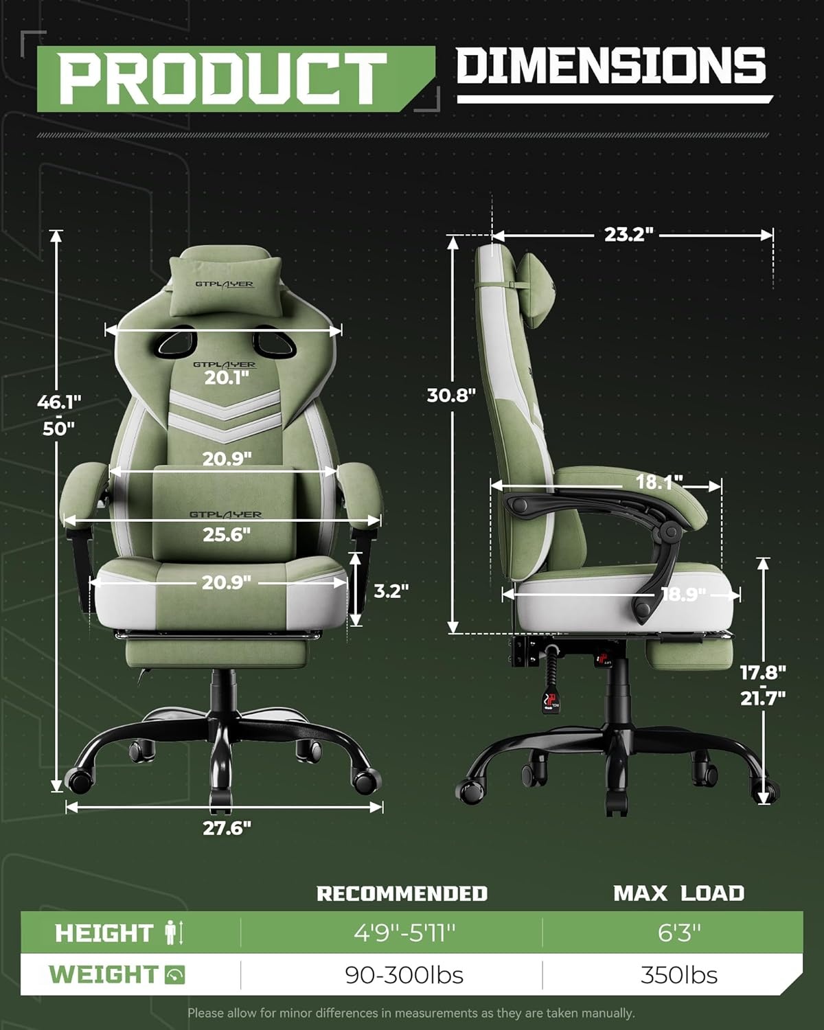 image:imageGTPLAYER Gaming Chair Computer Chair with Footrest and Lumbar Support for Adults 360Swivel Big amp Tall Reclining Seat for Office or Gaming BlackTfgreen