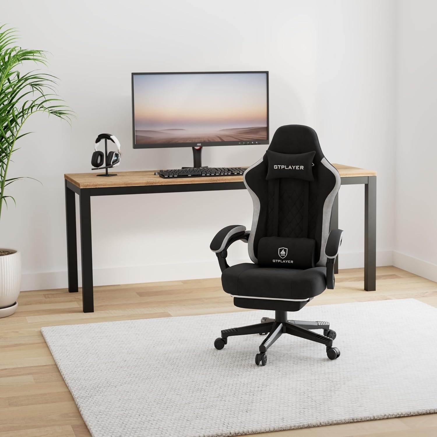 image:imageGTPLAYER Gaming Chair Computer Office Chair with Pocket Spring Cushion Linkage Armrests and Footrest High Back Ergonomic Computer Chair with Lumbar Support Task Chair with FootrestBlack