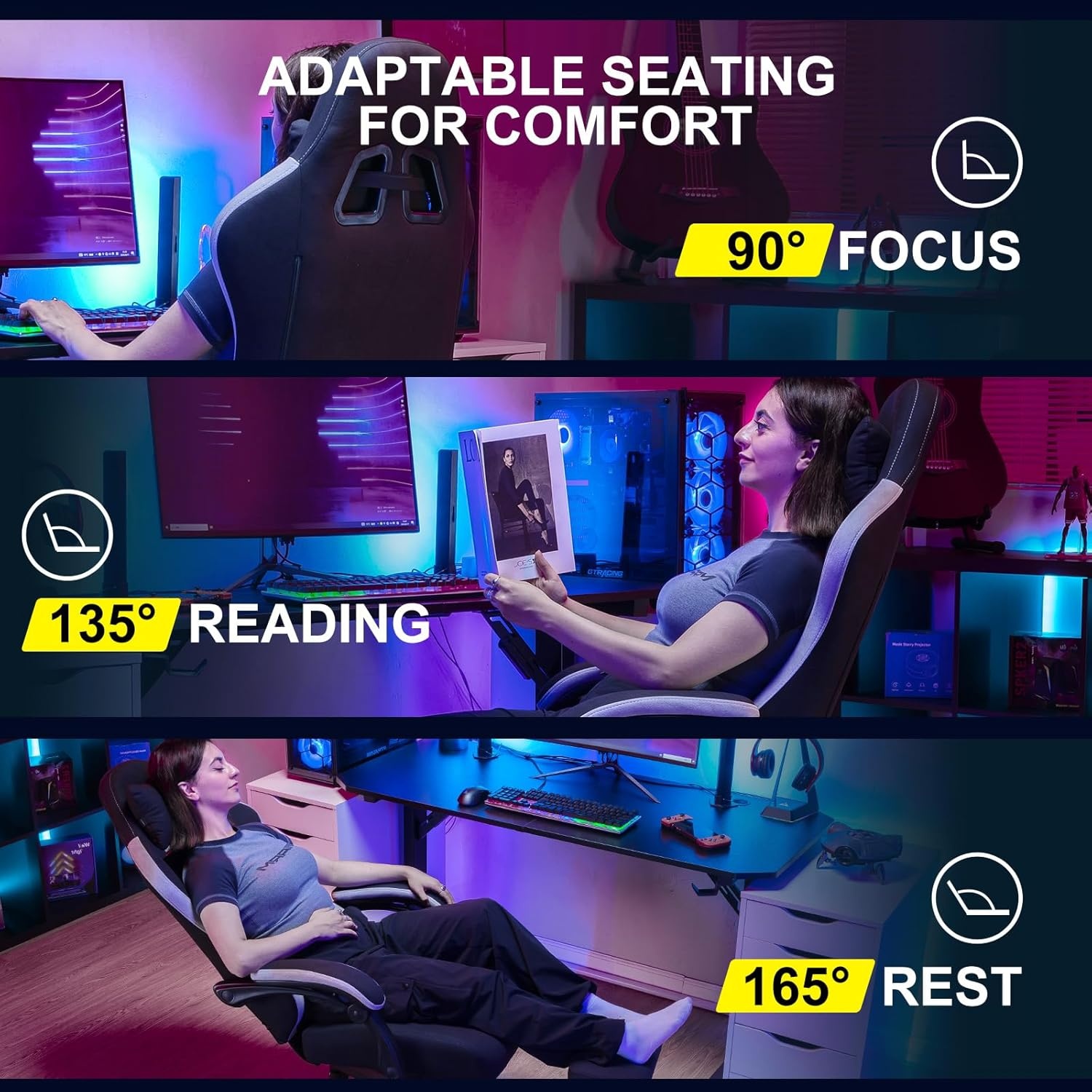 image:imageGTPLAYER Gaming Chair Computer Office Chair with Pocket Spring Cushion Linkage Armrests and Footrest High Back Ergonomic Computer Chair with Lumbar Support Task Chair with FootrestBlack