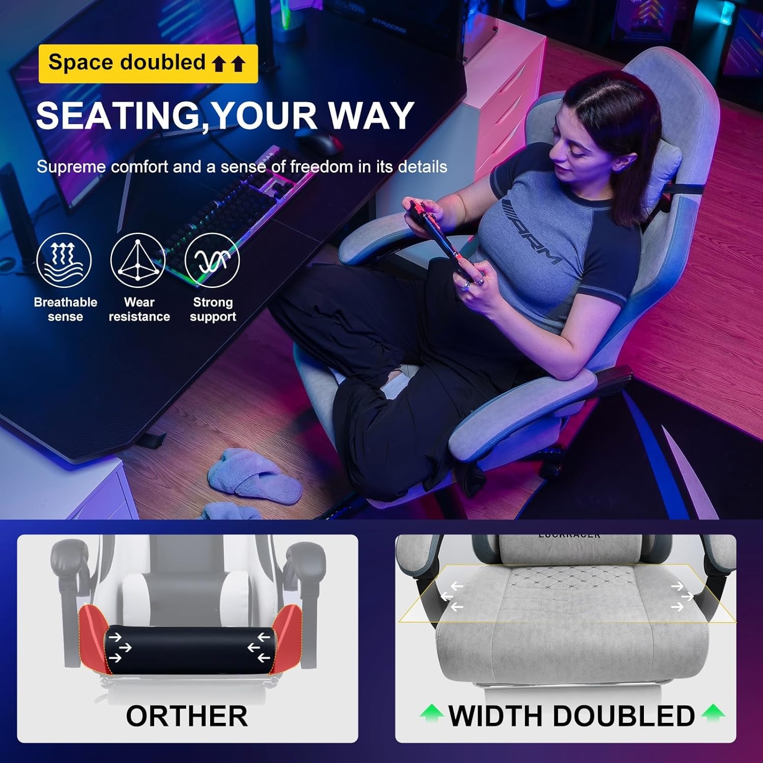 image:imageGTPLAYER Gaming Chair Computer Office Chair with Pocket Spring Cushion Linkage Armrests and Footrest High Back Ergonomic Computer Chair with Lumbar Support Task Chair with FootrestGrey