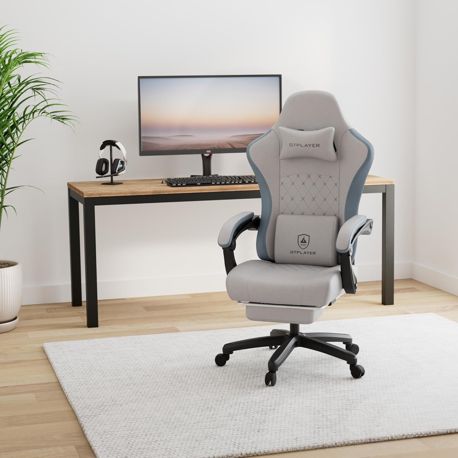 image:imageGTPLAYER Gaming Chair Computer Office Chair with Pocket Spring Cushion Linkage Armrests and Footrest High Back Ergonomic Computer Chair with Lumbar Support Task Chair with FootrestGrey