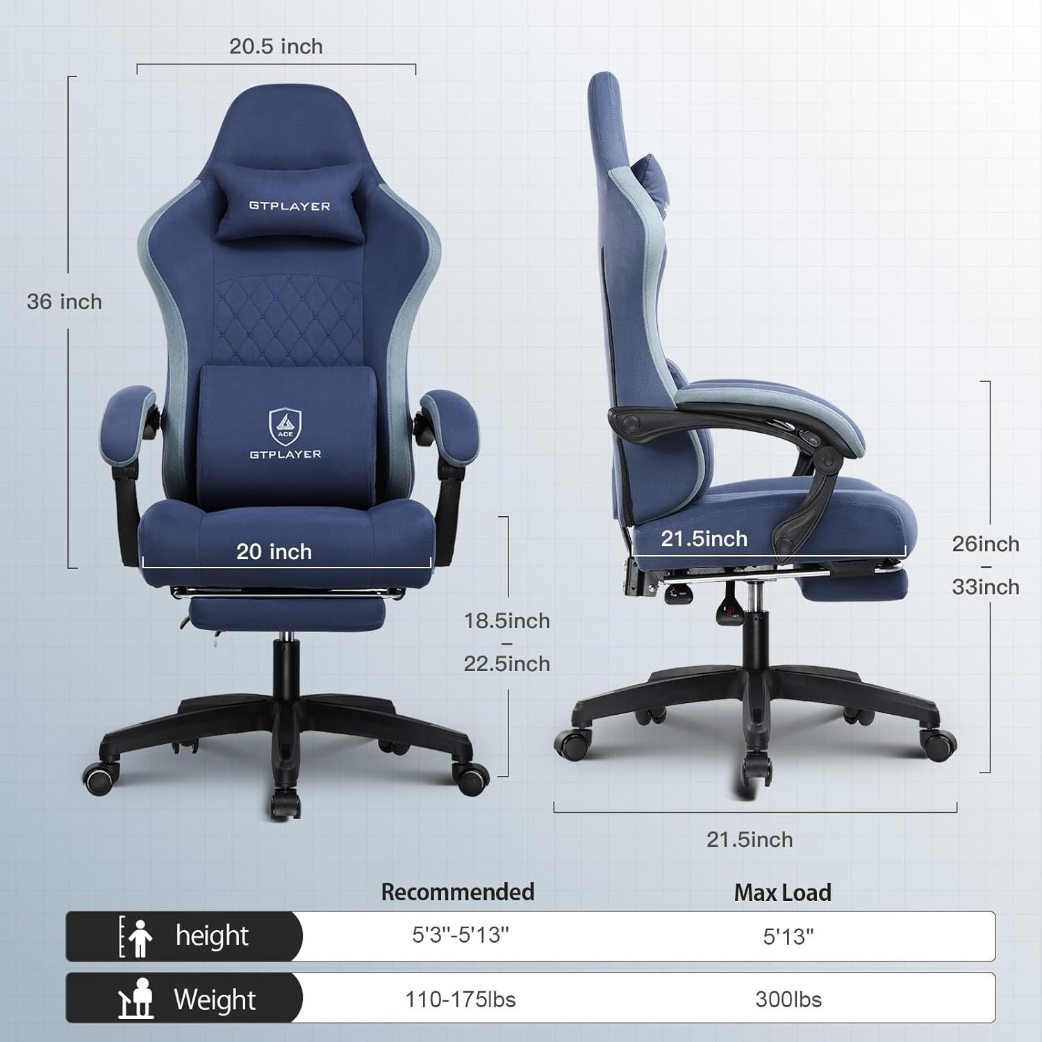 image:imageGTPLAYER Gaming Chair Computer Office Chair with Pocket Spring Cushion Linkage Armrests and Footrest High Back Ergonomic Computer Chair with Lumbar Support Task Chair with FootrestDeepblue