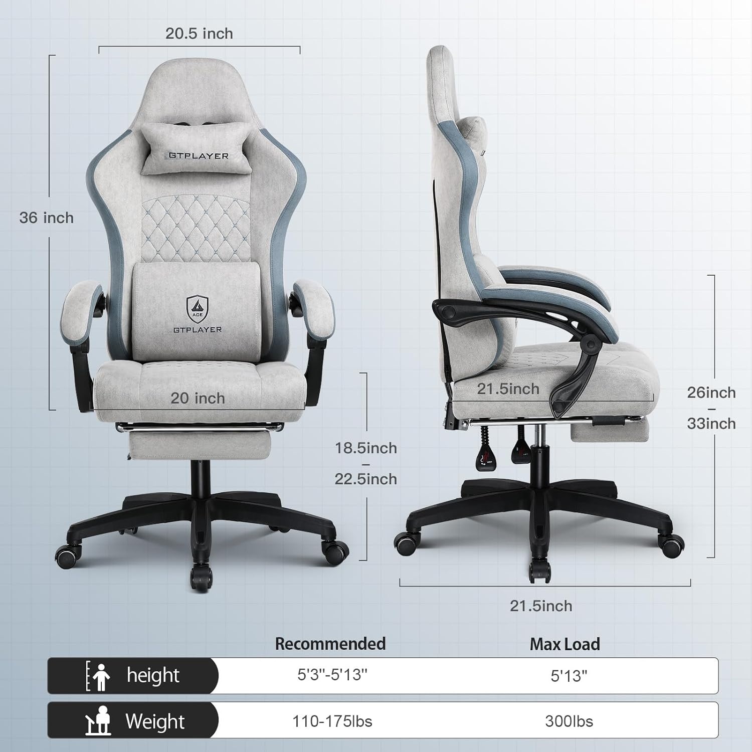 image:imageGTPLAYER Gaming Chair Computer Office Chair with Pocket Spring Cushion Linkage Armrests and Footrest High Back Ergonomic Computer Chair with Lumbar Support Task Chair with FootrestGrey