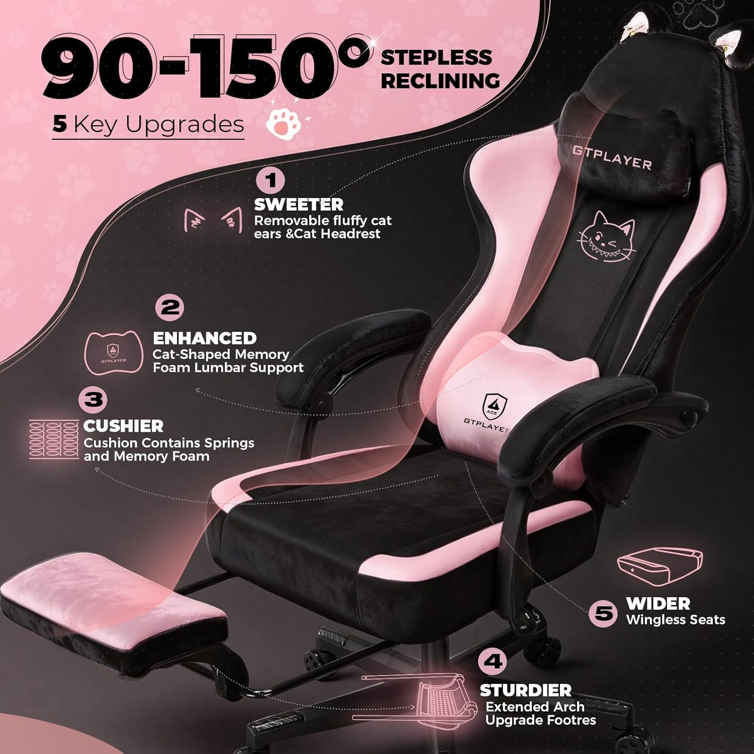 image:imageGTPLAYER Gaming Chair Office Chair High Back Computer Chair with Foot Rest for Adults Leather Desk Chair Executive Ergonomic Height Adjustable with Headrest and Lumbar Support 300lbs BlackPink