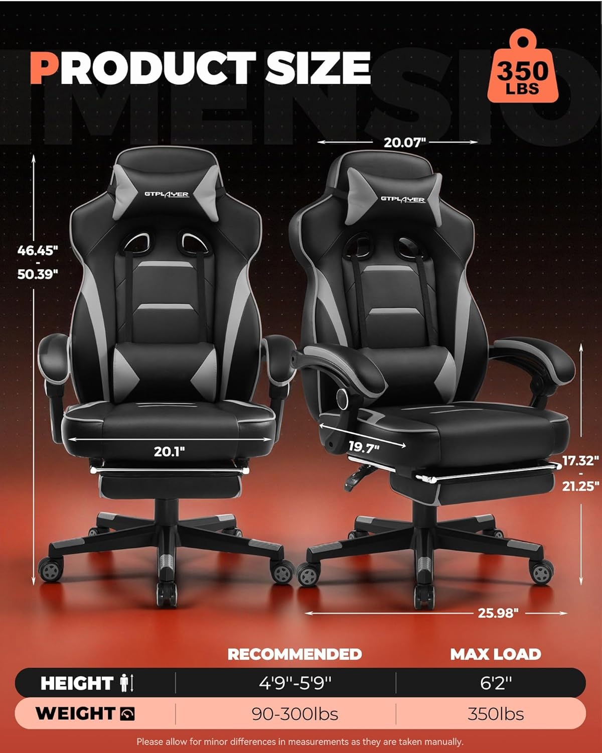 image:imageGTPLAYER Gaming Chair for Adults Big and Tall 350LBS Heavy Duty Office Chair Ergonomic High Back Lumbar Support and Recliner for Back Pain Relief Sky GraySkygray