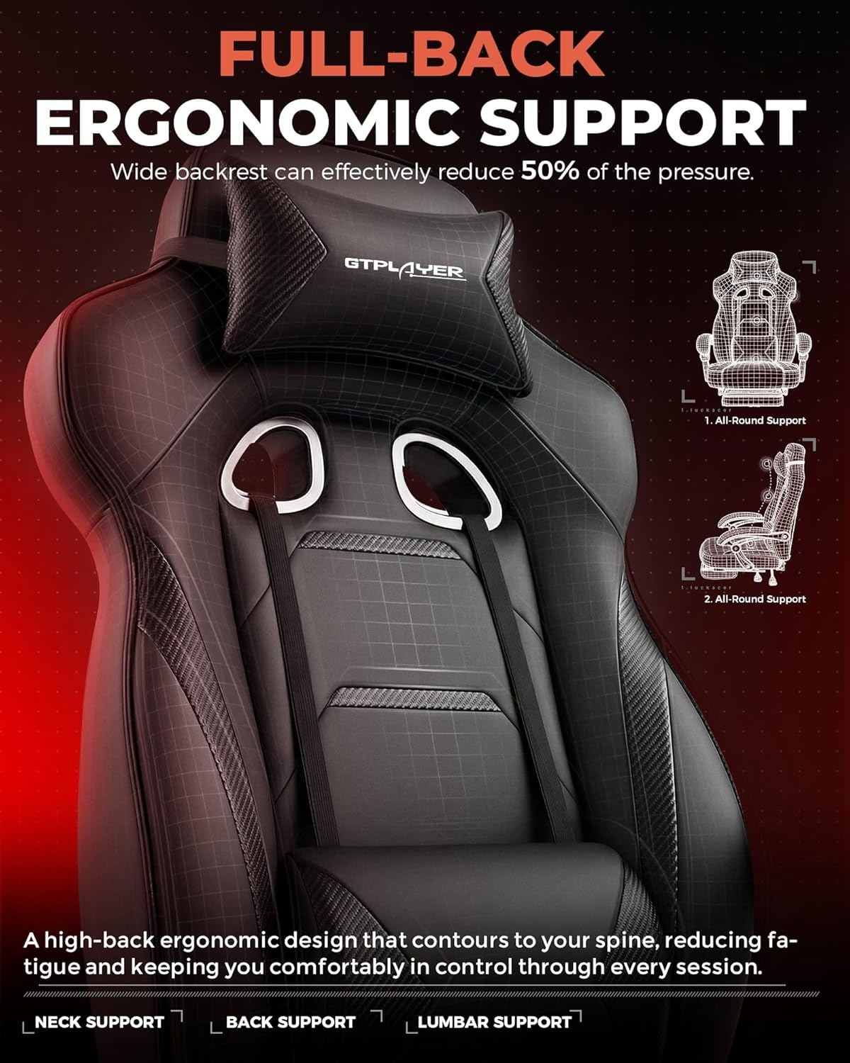 image:imageGTPLAYER Gaming Chair for Adults Big and Tall 350LBS Heavy Duty Office Chair Ergonomic High Back Lumbar Support and Recliner for Back Pain Relief Sky GrayErgoblack