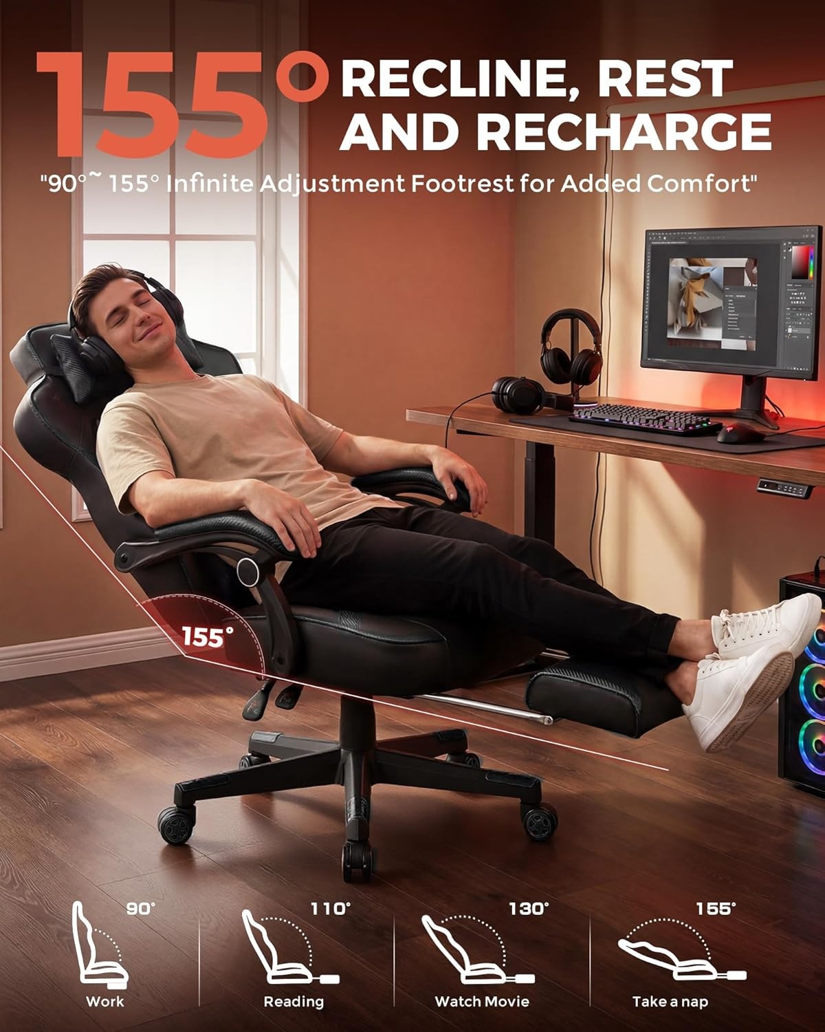 image:imageGTPLAYER Gaming Chair for Adults Big and Tall 350LBS Heavy Duty Office Chair Ergonomic High Back Lumbar Support and Recliner for Back Pain Relief Sky GrayErgoblack