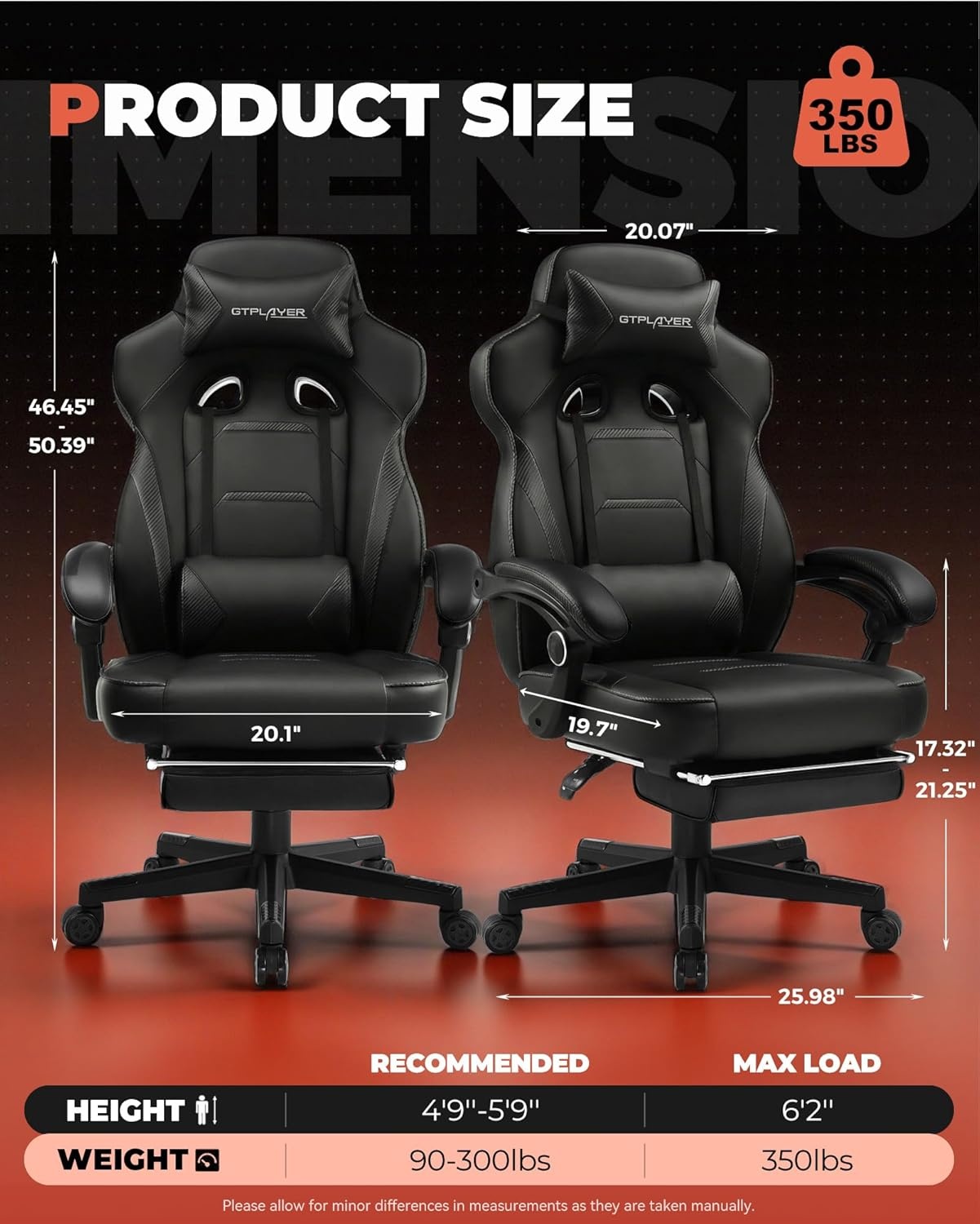 image:imageGTPLAYER Gaming Chair for Adults Big and Tall 350LBS Heavy Duty Office Chair Ergonomic High Back Lumbar Support and Recliner for Back Pain Relief Sky GrayErgoblack