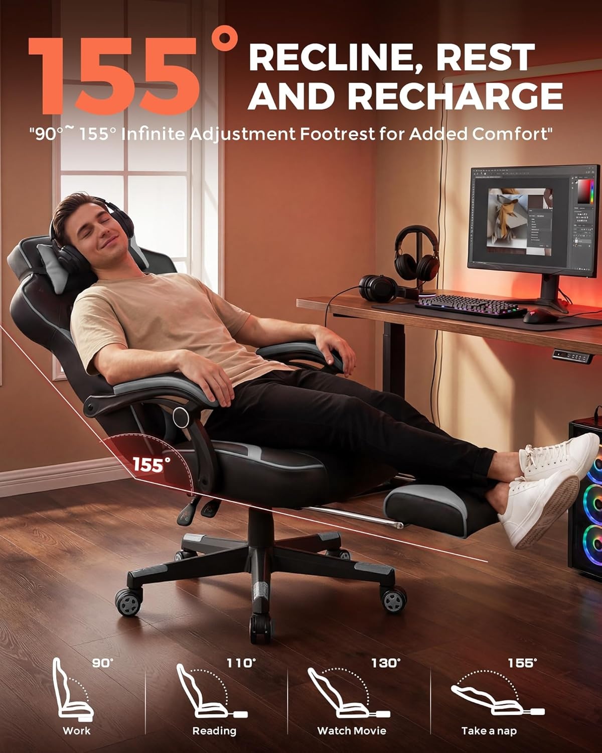 image:imageGTPLAYER Gaming Chair for Adults Big and Tall 350LBS Heavy Duty Office Chair Ergonomic High Back Lumbar Support and Recliner for Back Pain Relief Sky GraySkygray