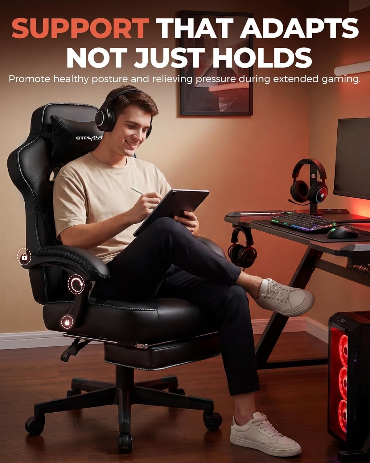 image:imageGTPLAYER Gaming Chair for Adults Big and Tall 350LBS Heavy Duty Office Chair Ergonomic High Back Lumbar Support and Recliner for Back Pain Relief Sky GrayErgoblack