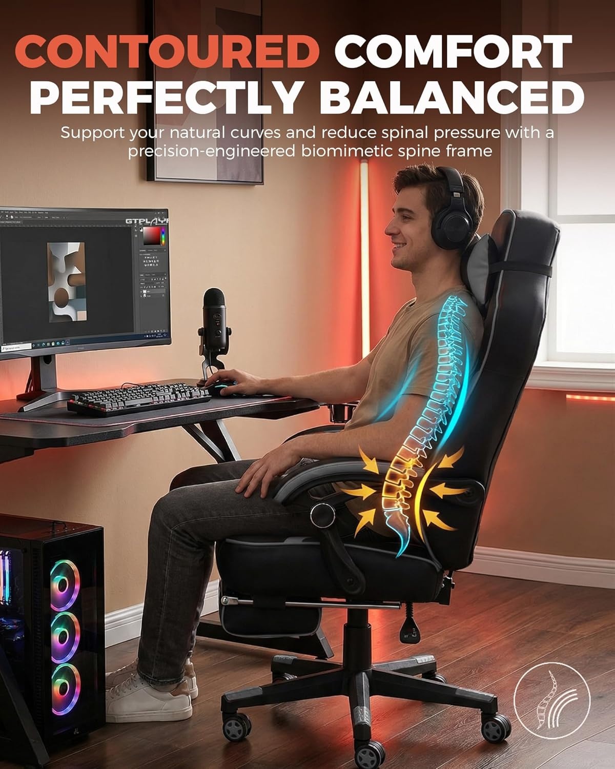 image:imageGTPLAYER Gaming Chair for Adults Big and Tall 350LBS Heavy Duty Office Chair Ergonomic High Back Lumbar Support and Recliner for Back Pain Relief Sky GraySkygray