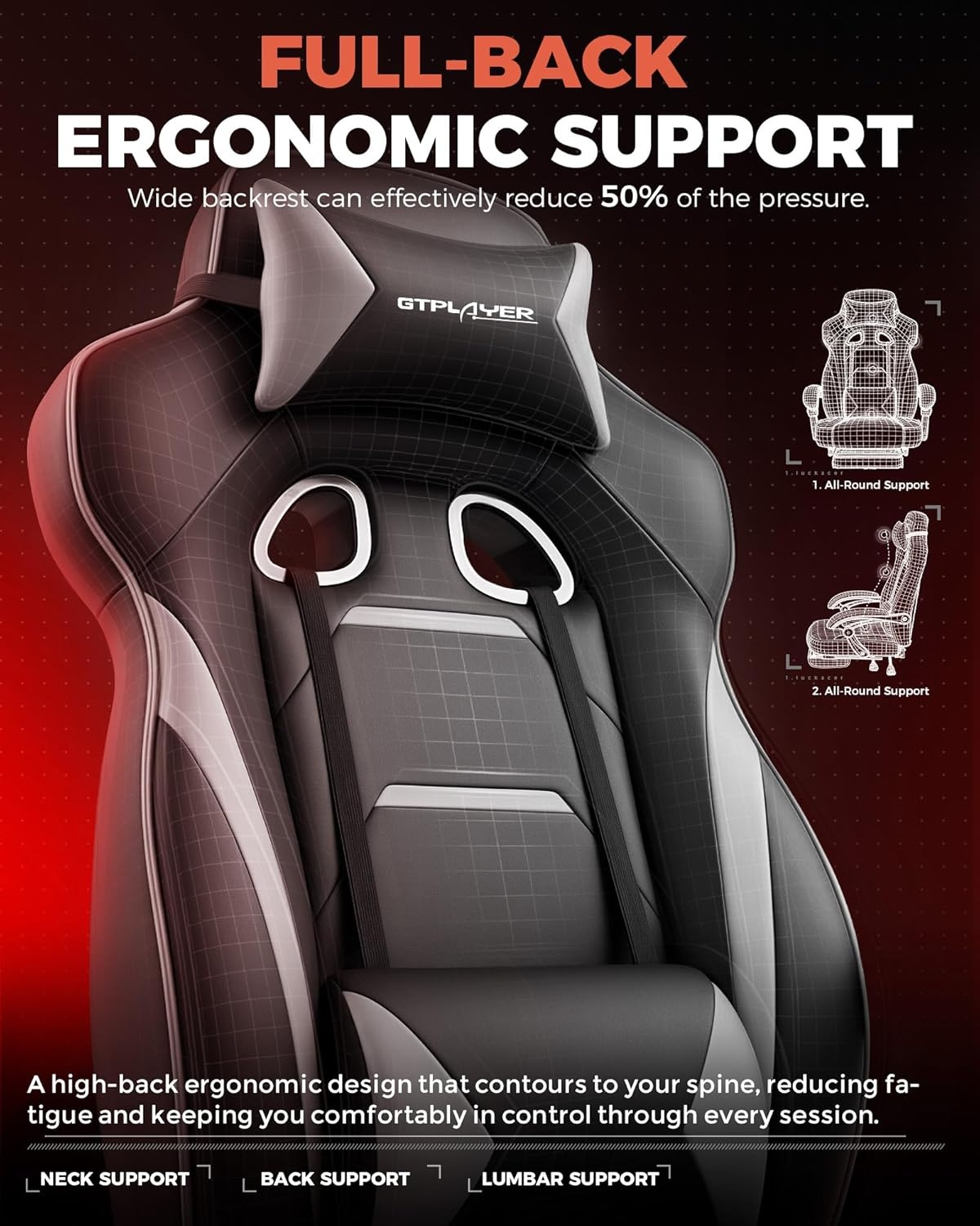 image:imageGTPLAYER Gaming Chair for Adults Big and Tall 350LBS Heavy Duty Office Chair Ergonomic High Back Lumbar Support and Recliner for Back Pain Relief Sky GraySkygray