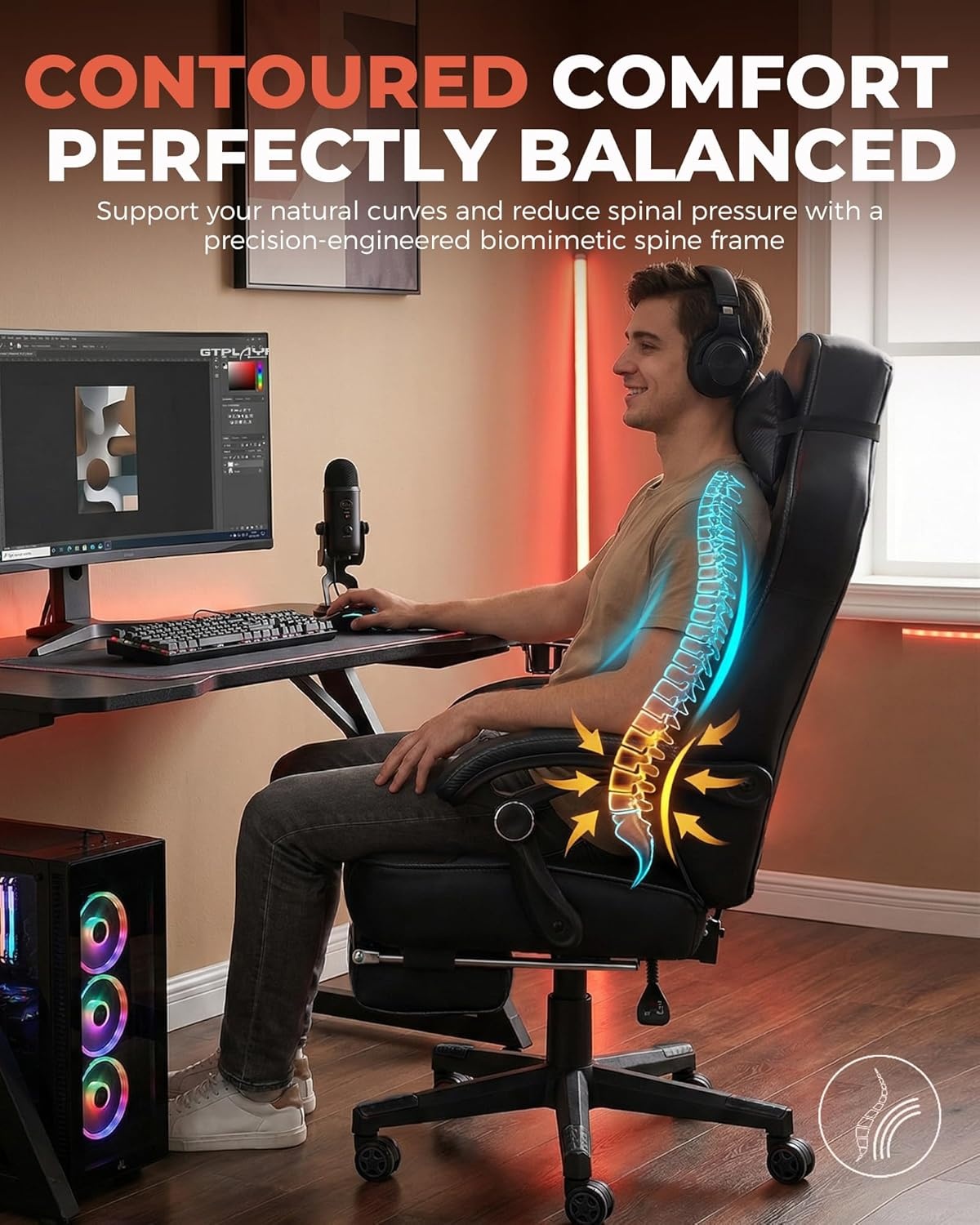 image:imageGTPLAYER Gaming Chair for Adults Big and Tall 350LBS Heavy Duty Office Chair Ergonomic High Back Lumbar Support and Recliner for Back Pain Relief Sky GrayErgoblack