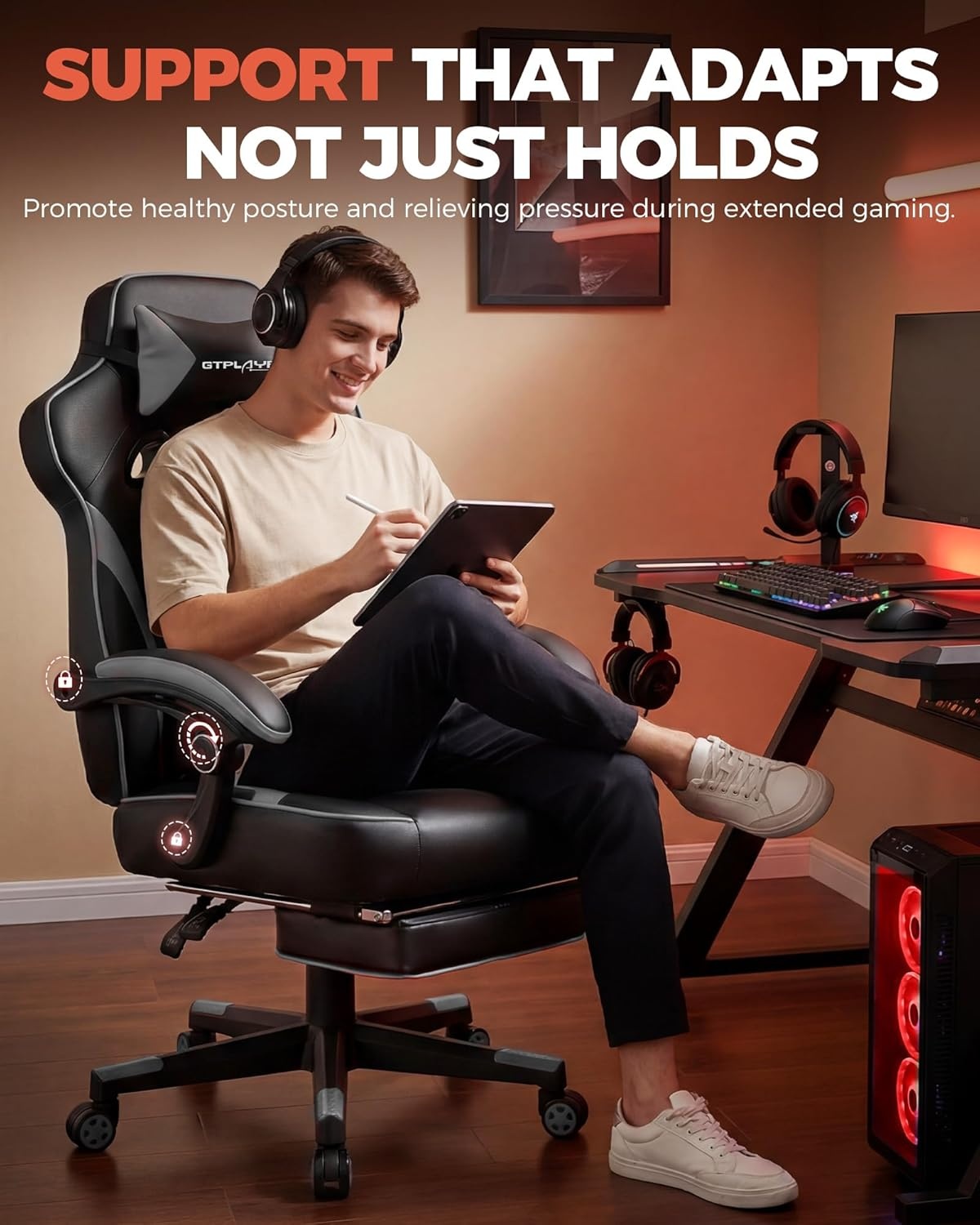 image:imageGTPLAYER Gaming Chair for Adults Big and Tall 350LBS Heavy Duty Office Chair Ergonomic High Back Lumbar Support and Recliner for Back Pain Relief Sky GraySkygray