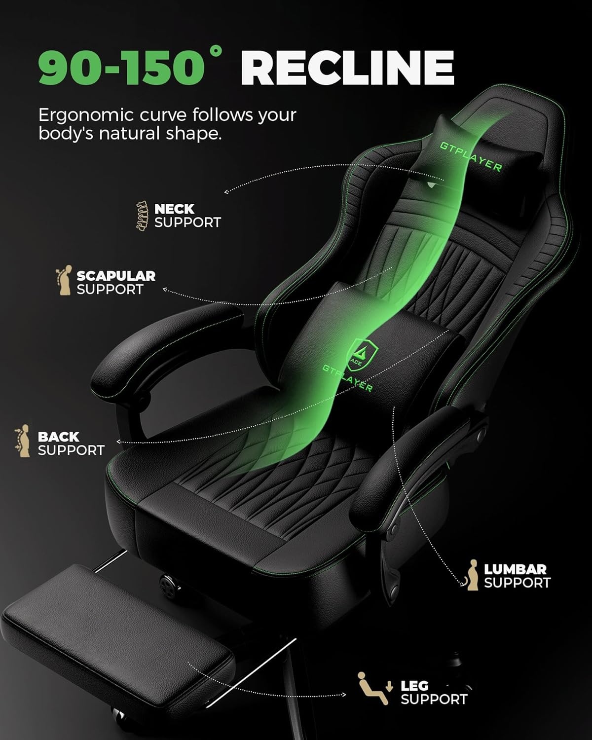 image:imageGTPLAYER Gaming Chair for Adults Ergonomic Video Game Chairs Footrest amp Linkage Armrest Reclining High Back Silla Gamer with Wider Seat for Home Office Ace Pro CreamBlack Green