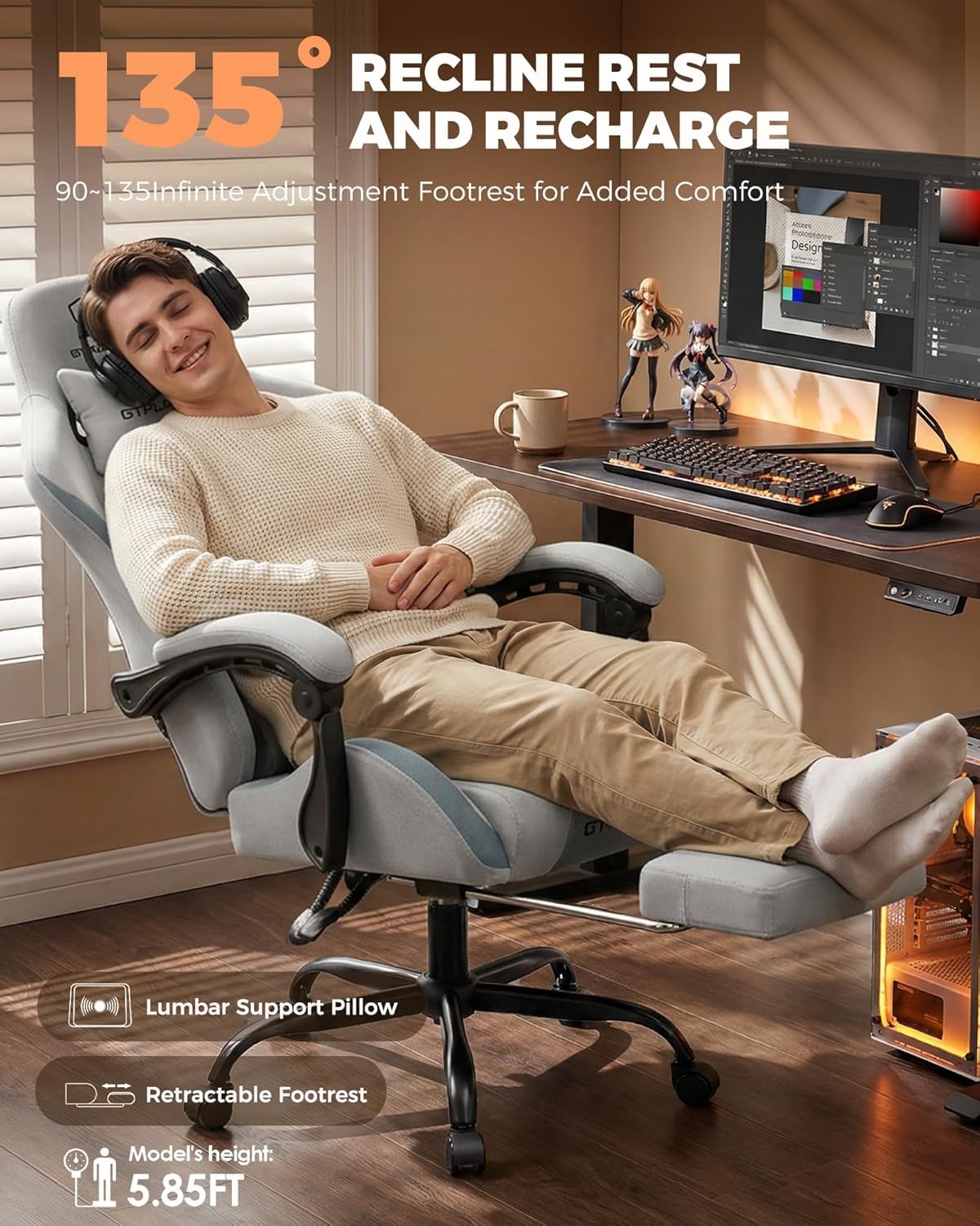 image:imageGTPLAYER Gaming Chair with Foot Rest amp Pocket Spring Cushion Ergonomic High Back Computer Desk Chair with Headrest amp Lumbar Support for Back Pain Relief Breathable Fabric MistBlueMistblue