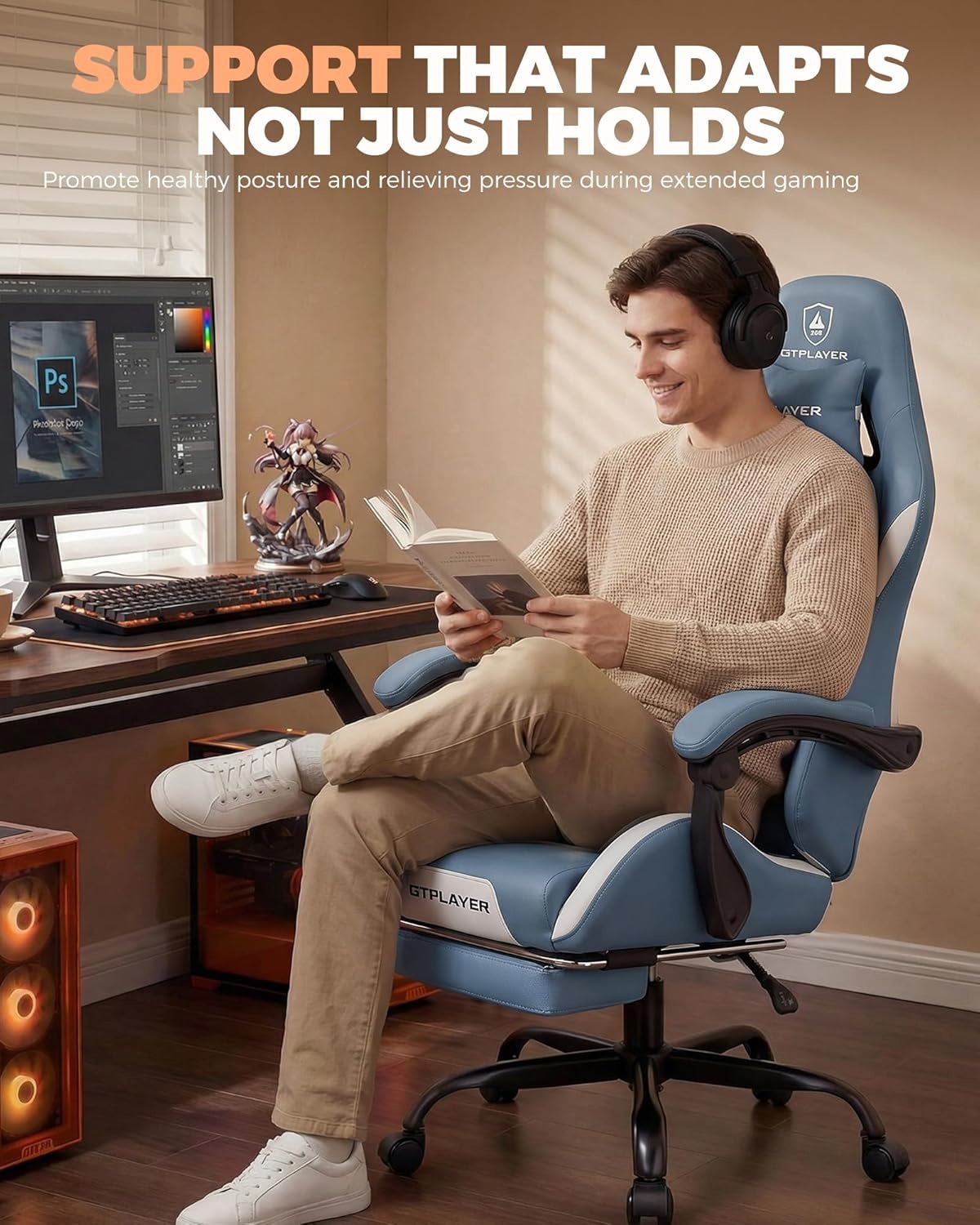 image:imageGTPLAYER Gaming Chair with Foot Rest amp Pocket Spring Cushion Ergonomic High Back Computer Desk Chair with Headrest amp Lumbar Support for Back Pain Relief Breathable Fabric MistBlueSkyblue