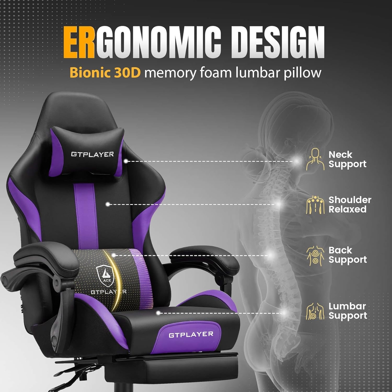 image:imageGTPLAYER Gaming Chair with Foot Rest amp Pocket Spring Cushion Ergonomic High Back Computer Desk Chair with Headrest amp Lumbar Support for Back Pain Relief Breathable Fabric MistBluePurpleBlack