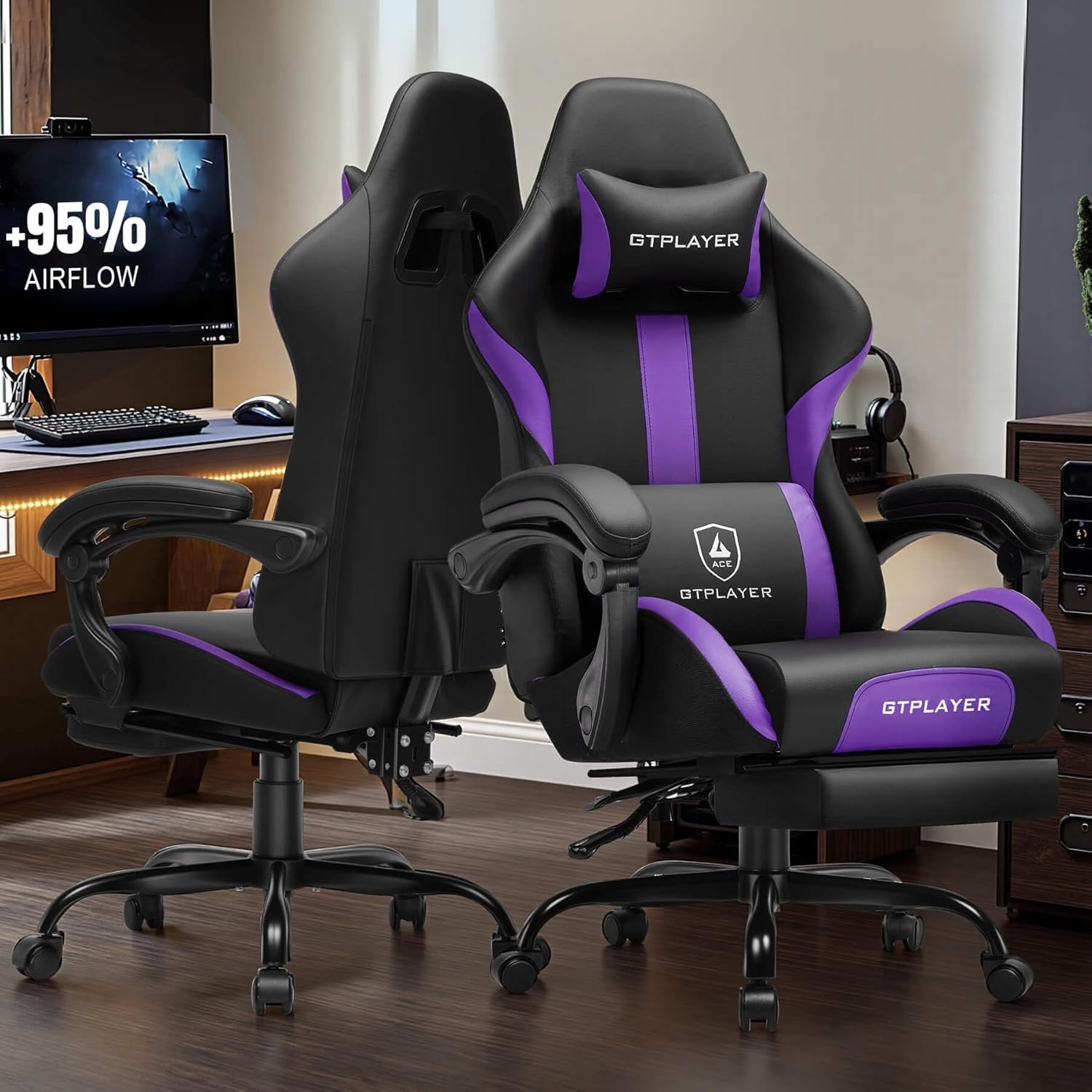 image:imageGTPLAYER Gaming Chair with Foot Rest amp Pocket Spring Cushion Ergonomic High Back Computer Desk Chair with Headrest amp Lumbar Support for Back Pain Relief Breathable Fabric MistBluePurpleBlack