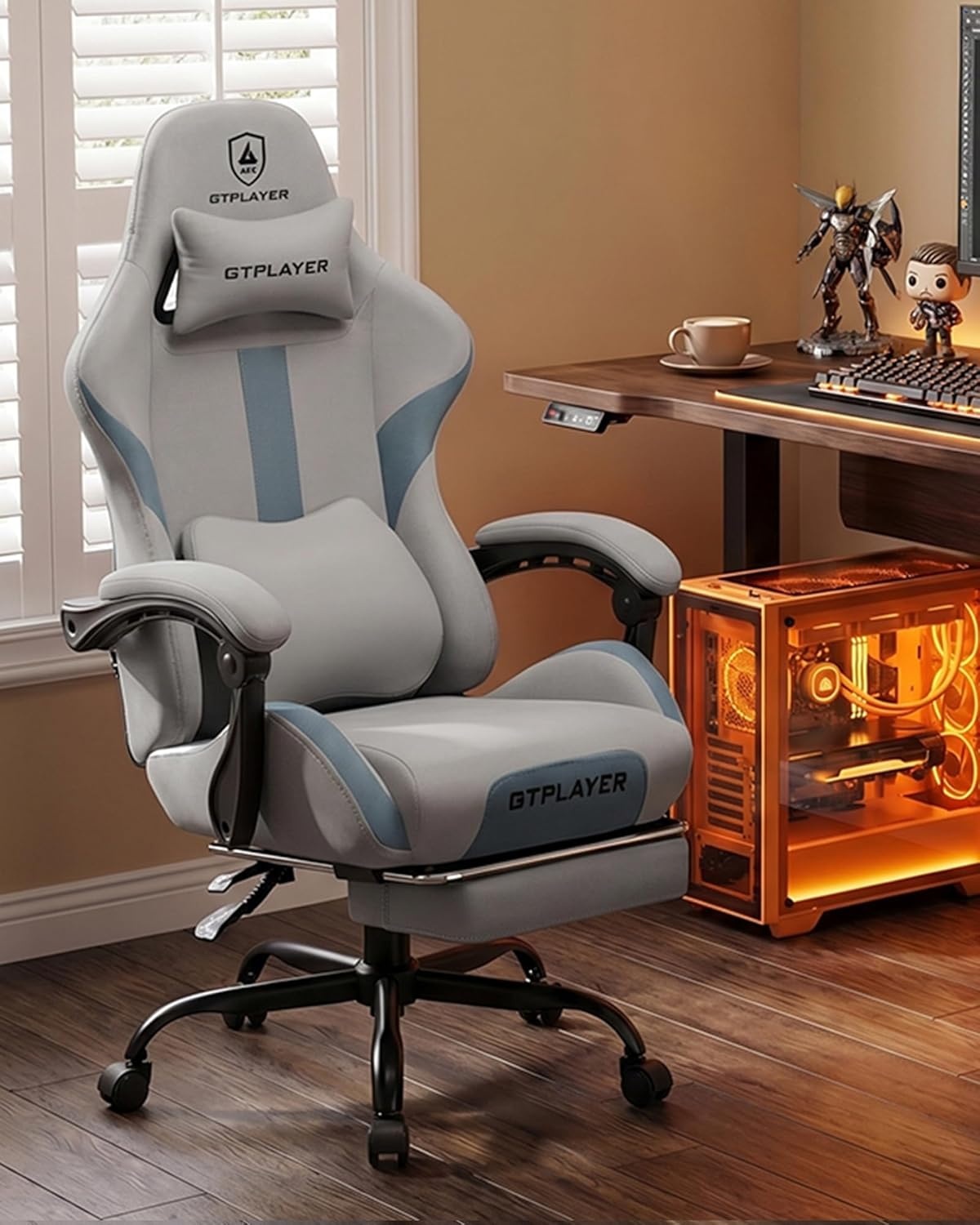 image:imageGTPLAYER Gaming Chair with Foot Rest amp Pocket Spring Cushion Ergonomic High Back Computer Desk Chair with Headrest amp Lumbar Support for Back Pain Relief Breathable Fabric MistBlueMistblue