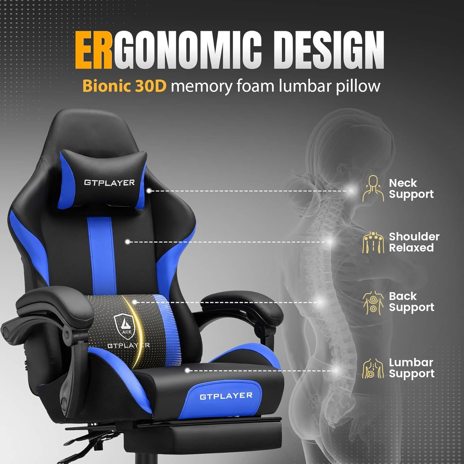 image:imageGTPLAYER Gaming Chair with Foot Rest amp Pocket Spring Cushion Ergonomic High Back Computer Desk Chair with Headrest amp Lumbar Support for Back Pain Relief Breathable Fabric MistBlueCobaltblue