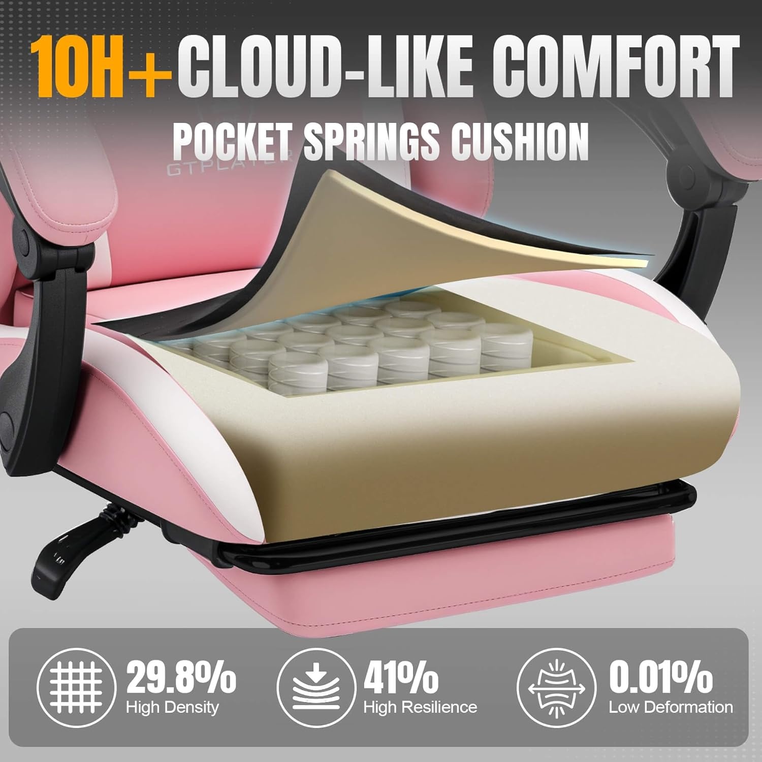 image:imageGTPLAYER Gaming Chair with Foot Rest amp Pocket Spring Cushion Ergonomic High Back Computer Desk Chair with Headrest amp Lumbar Support for Back Pain Relief Breathable Fabric MistBluePink