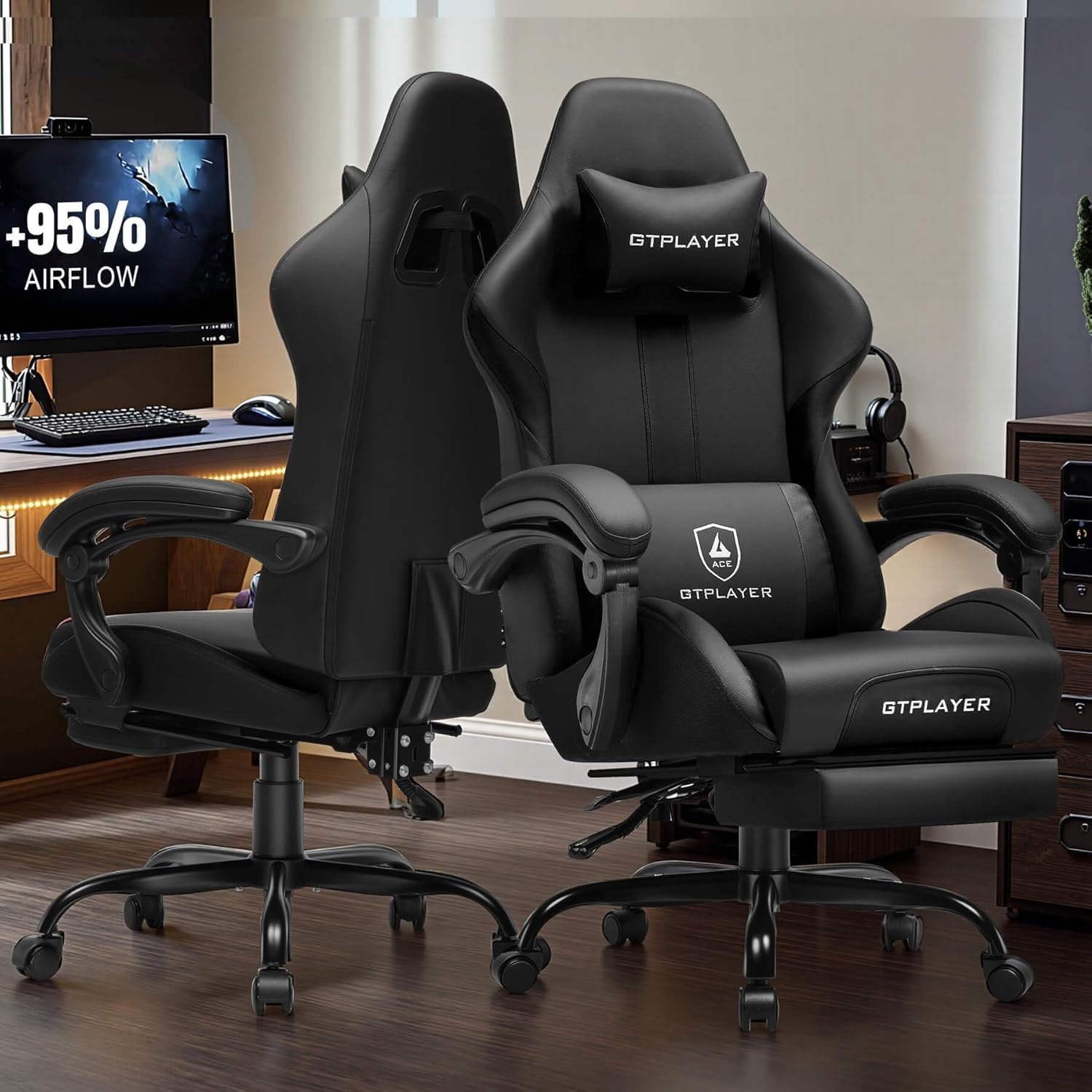 image:imageGTPLAYER Gaming Chair with Foot Rest amp Pocket Spring Cushion Ergonomic High Back Computer Desk Chair with Headrest amp Lumbar Support for Back Pain Relief Breathable Fabric MistBlueCarbonblack