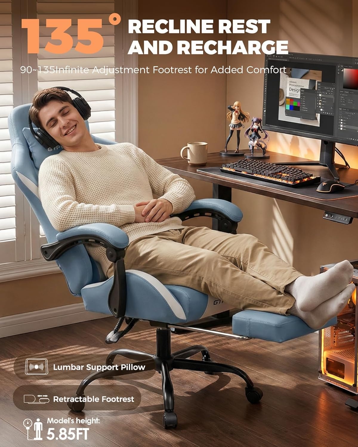 image:imageGTPLAYER Gaming Chair with Foot Rest amp Pocket Spring Cushion Ergonomic High Back Computer Desk Chair with Headrest amp Lumbar Support for Back Pain Relief Breathable Fabric MistBlueSkyblue