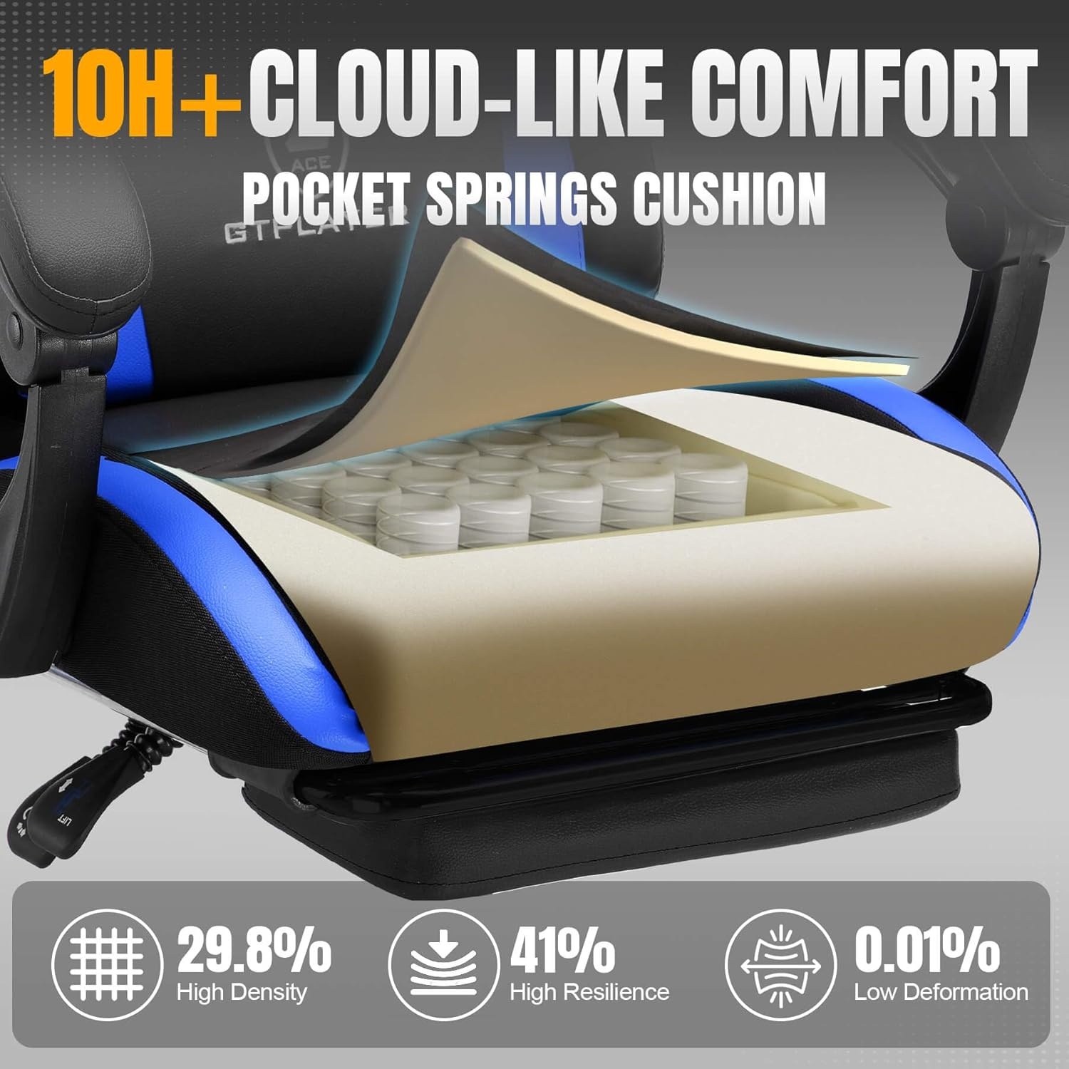 image:imageGTPLAYER Gaming Chair with Foot Rest amp Pocket Spring Cushion Ergonomic High Back Computer Desk Chair with Headrest amp Lumbar Support for Back Pain Relief Breathable Fabric MistBlueCobaltblue