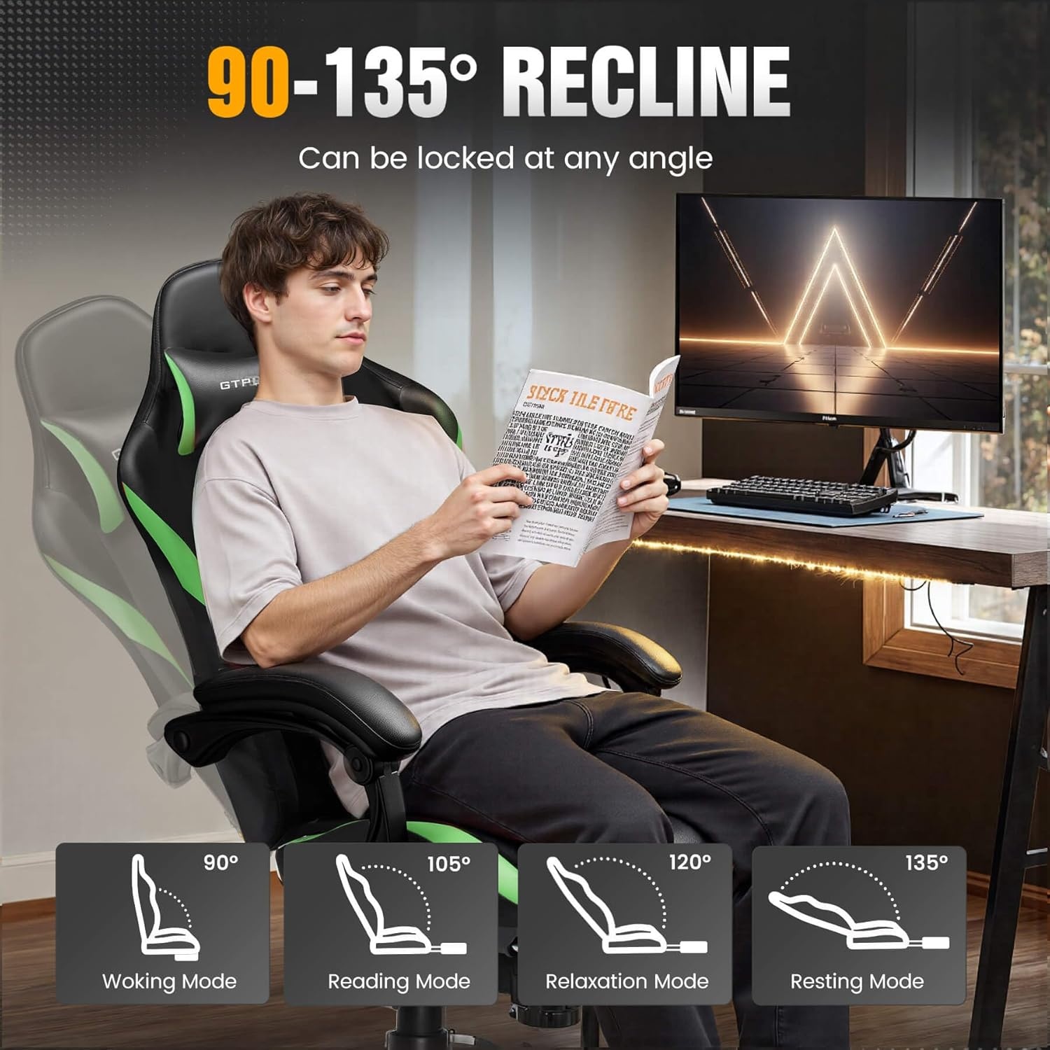 image:imageGTPLAYER Gaming Chair with Foot Rest amp Pocket Spring Cushion Ergonomic High Back Computer Desk Chair with Headrest amp Lumbar Support for Back Pain Relief Breathable Fabric MistBlueGrassgreen