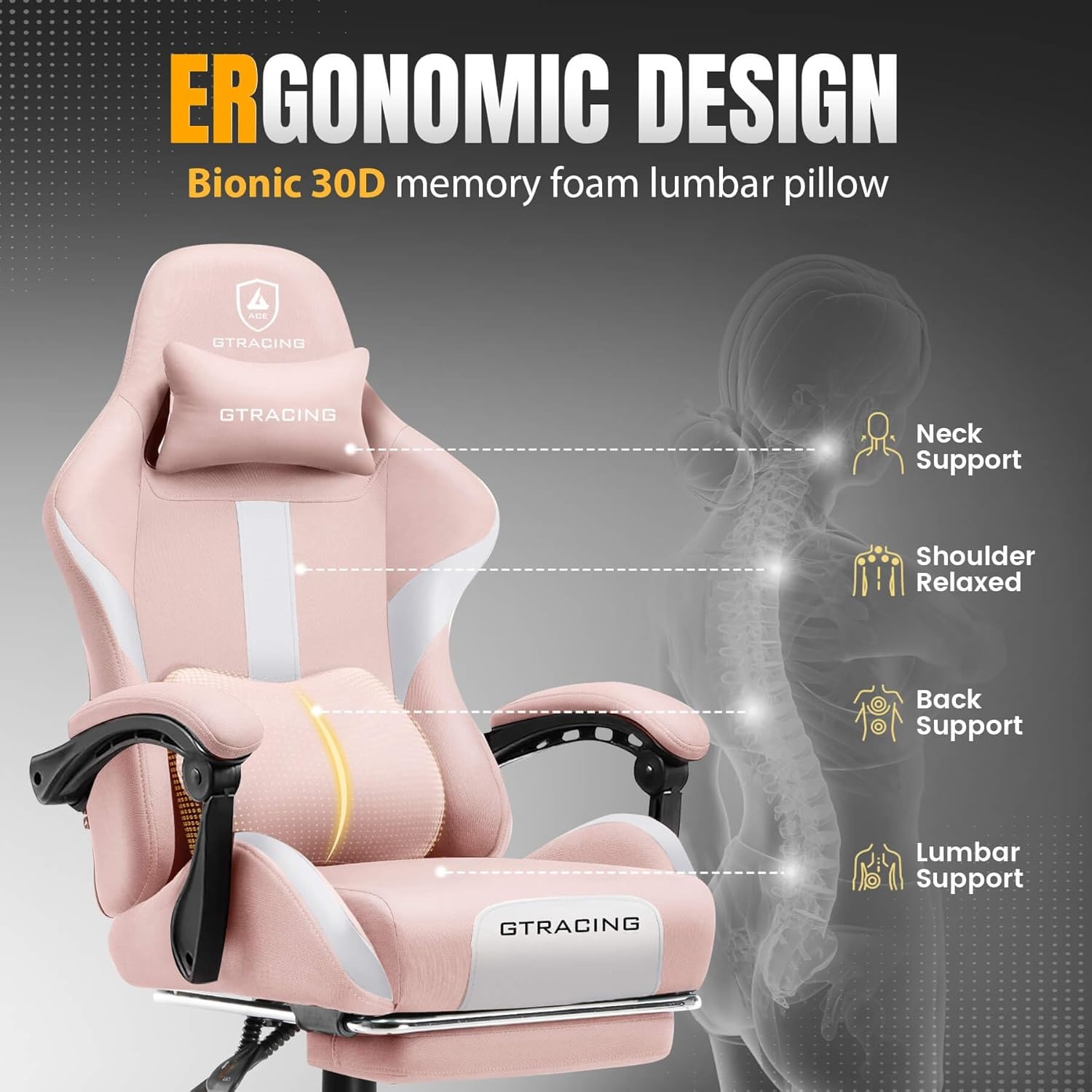image:imageGTPLAYER Gaming Chair with Foot Rest amp Pocket Spring Cushion Ergonomic High Back Computer Desk Chair with Headrest amp Lumbar Support for Back Pain Relief Breathable Fabric MistBluePink