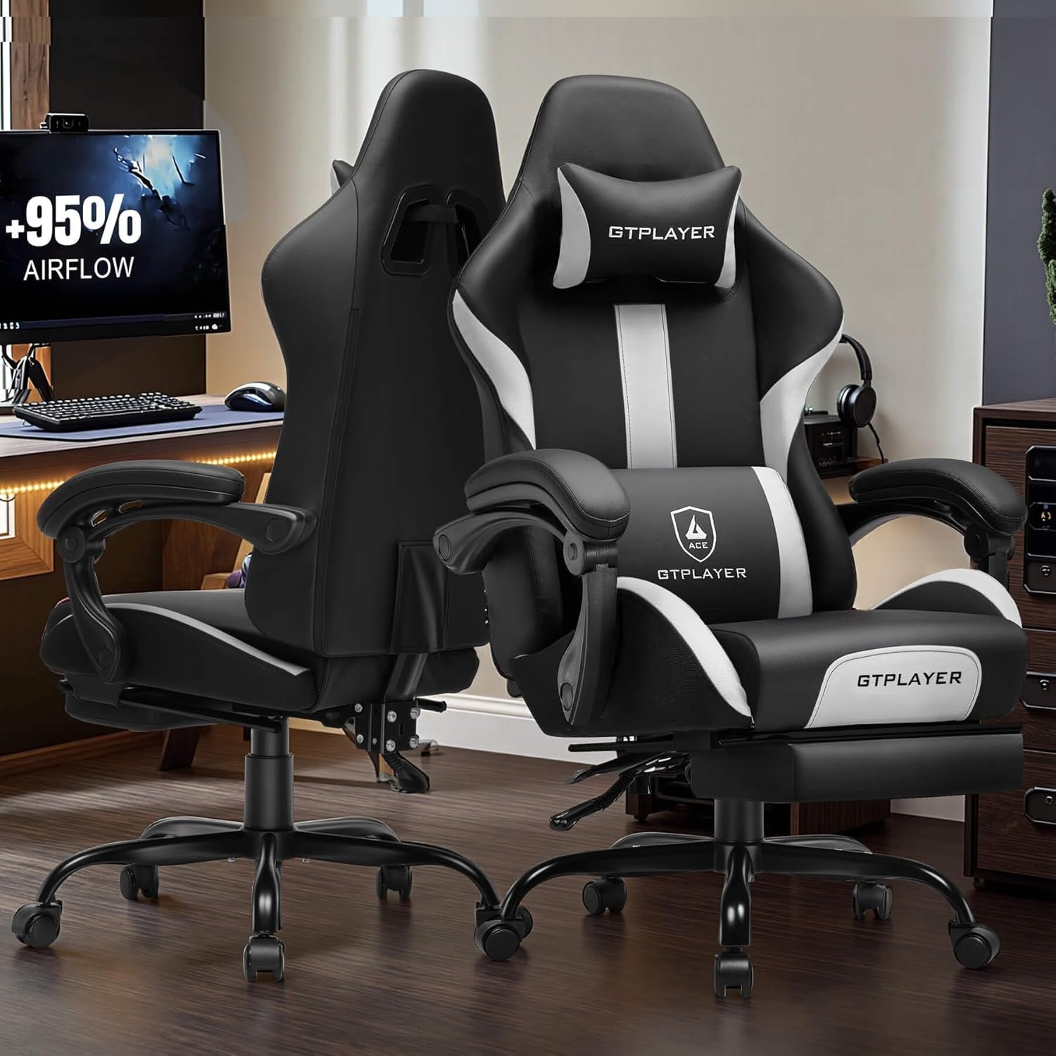 image:imageGTPLAYER Gaming Chair with Foot Rest amp Pocket Spring Cushion Ergonomic High Back Computer Desk Chair with Headrest amp Lumbar Support for Back Pain Relief Breathable Fabric MistBlueBlack