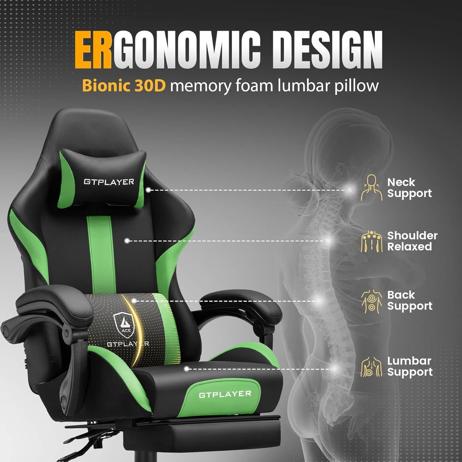 image:imageGTPLAYER Gaming Chair with Foot Rest amp Pocket Spring Cushion Ergonomic High Back Computer Desk Chair with Headrest amp Lumbar Support for Back Pain Relief Breathable Fabric MistBlueGrassgreen