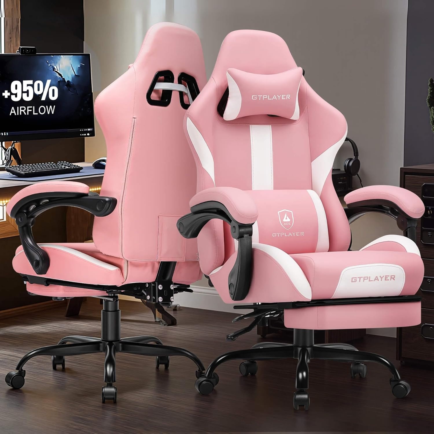 image:imageGTPLAYER Gaming Chair with Foot Rest amp Pocket Spring Cushion Ergonomic High Back Computer Desk Chair with Headrest amp Lumbar Support for Back Pain Relief Breathable Fabric MistBluePink